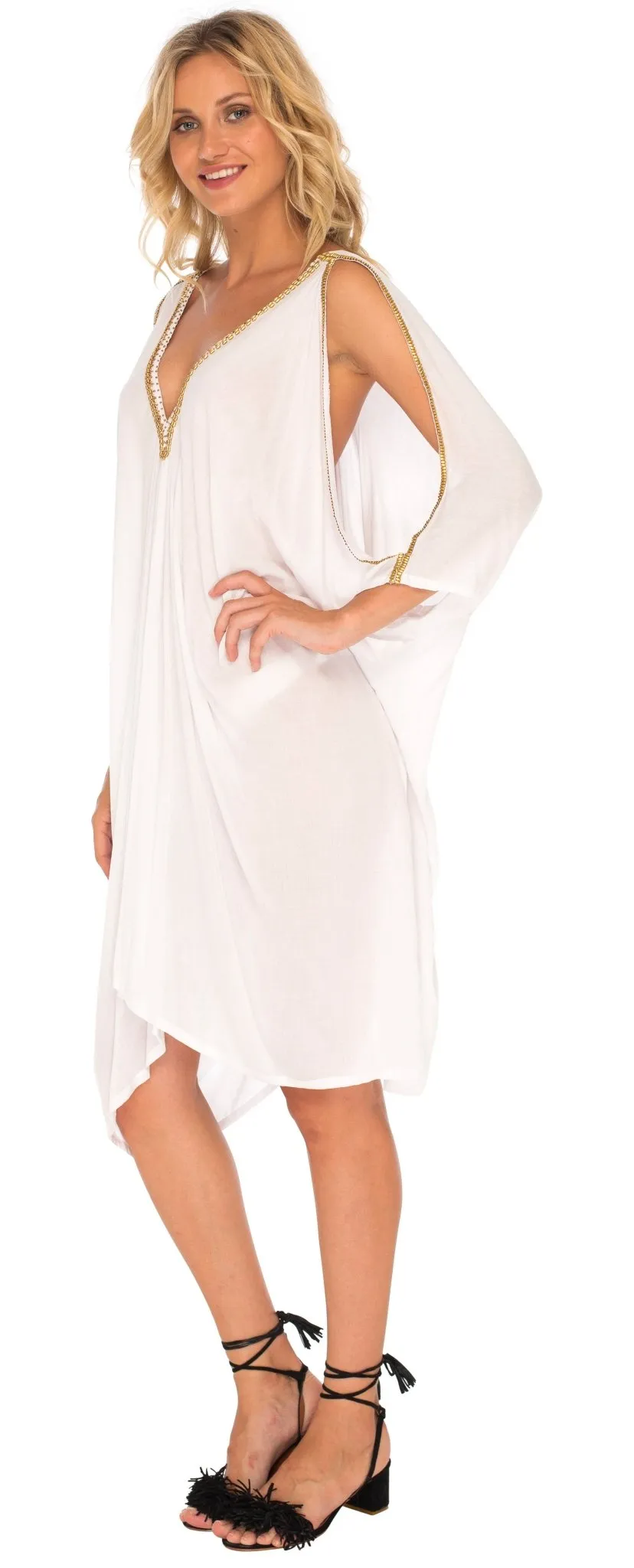 SHU-SHI Women's Kaftan Cover-Up Short Dress with Cold Shoulder & Gold Beads, V-Neck