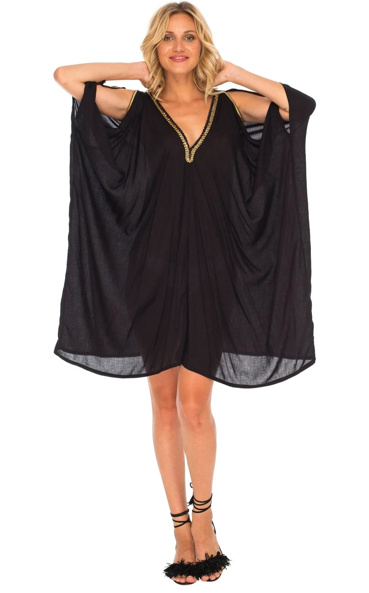 SHU-SHI Women's Kaftan Cover-Up Short Dress with Cold Shoulder & Gold Beads, V-Neck