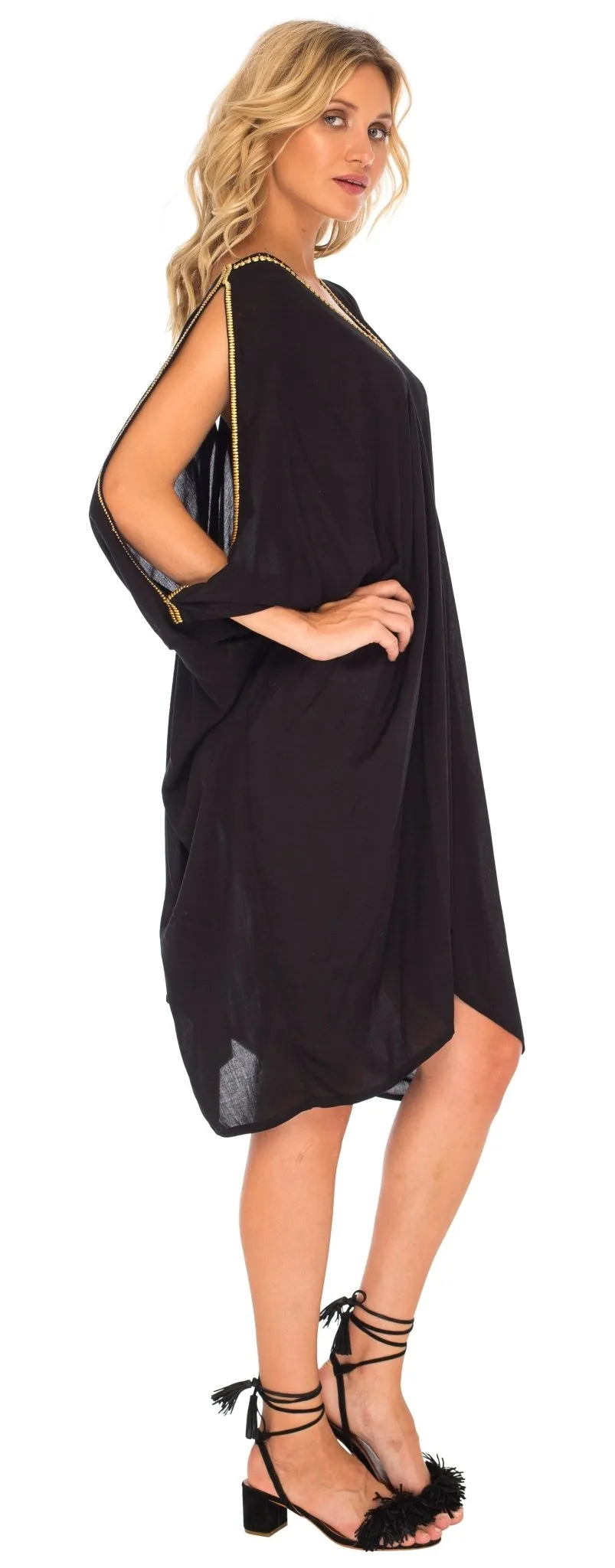 SHU-SHI Women's Kaftan Cover-Up Short Dress with Cold Shoulder & Gold Beads, V-Neck