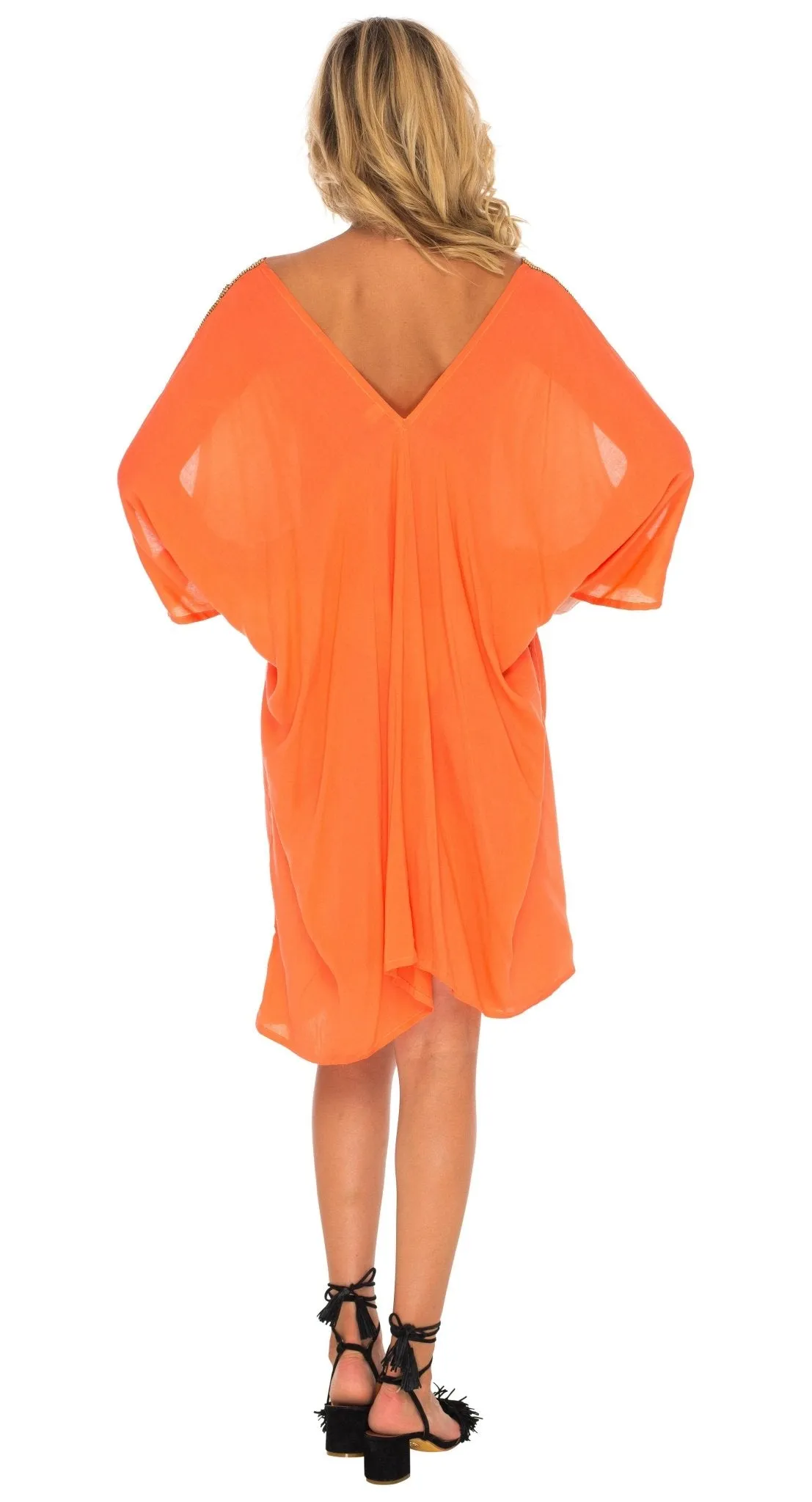 SHU-SHI Women's Kaftan Cover-Up Short Dress with Cold Shoulder & Gold Beads, V-Neck