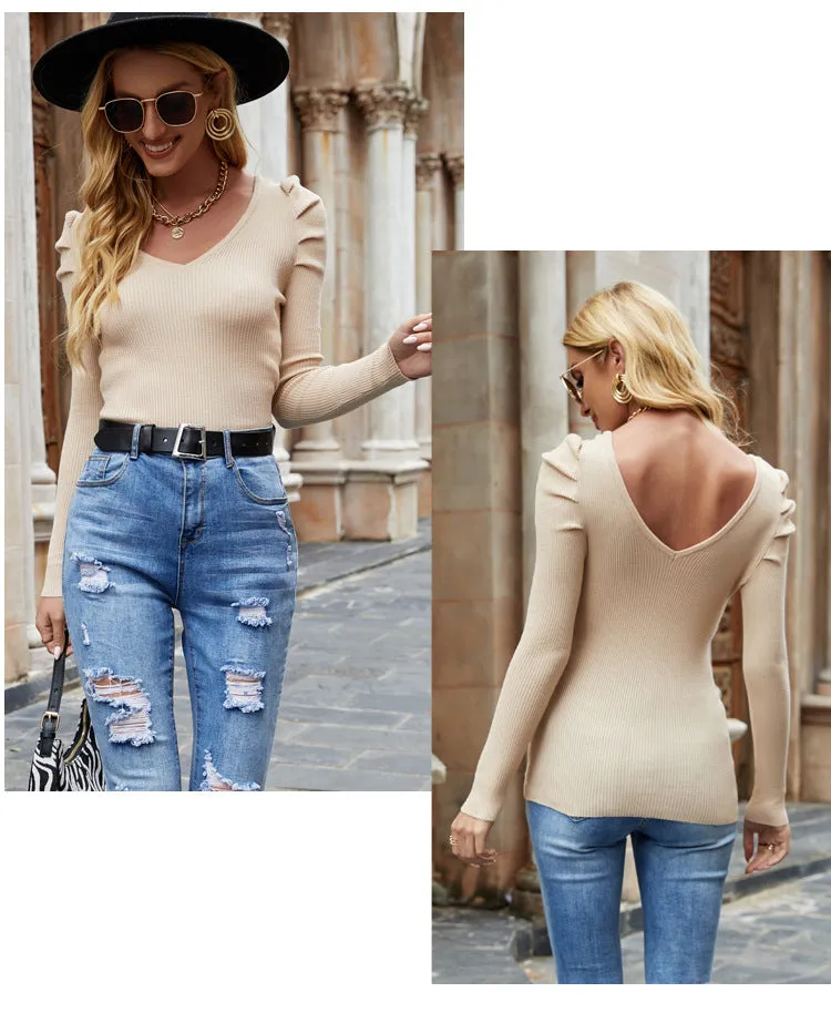 Slim Fit High-elastic V-neck Base Puff Sleeve Sweater For Women