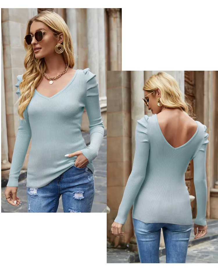 Slim Fit High-elastic V-neck Base Puff Sleeve Sweater For Women