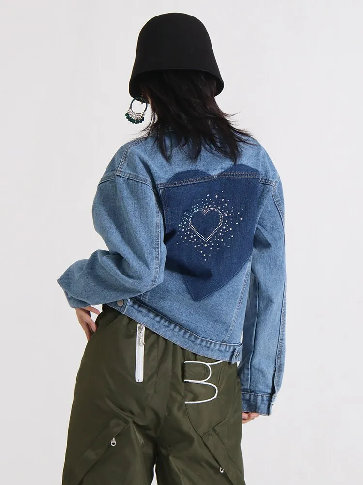 Spliced Diamonds Denim Jackets For Women Lapel Long Sleeve Hollow Out Casual Streetwear Jacket Female Clothing