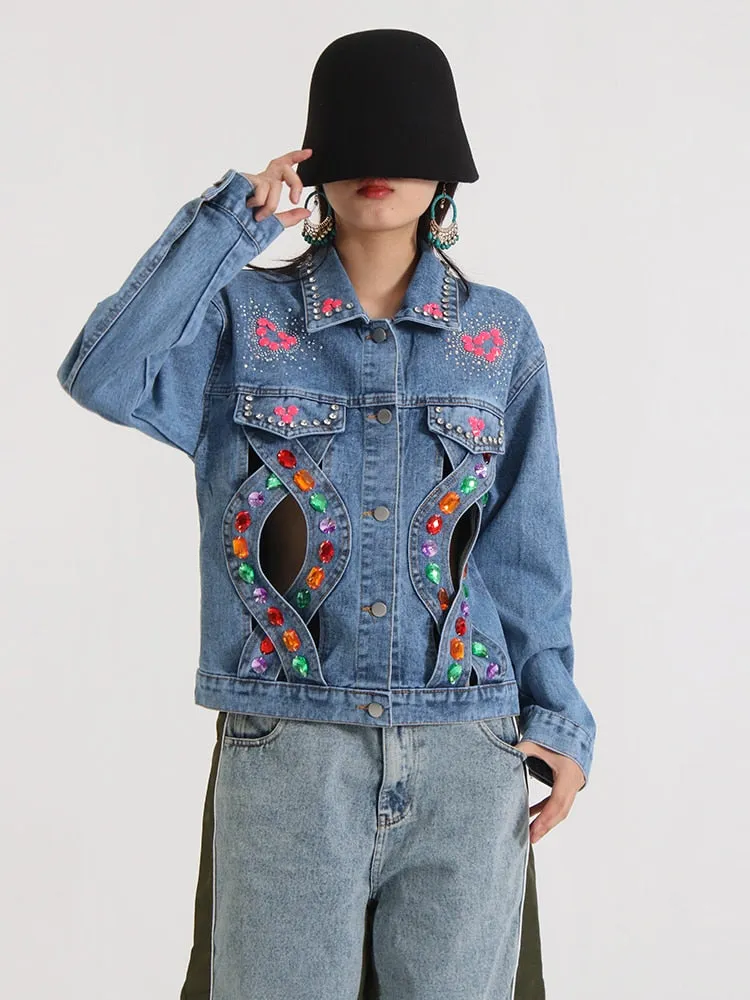 Spliced Diamonds Denim Jackets For Women Lapel Long Sleeve Hollow Out Casual Streetwear Jacket Female Clothing