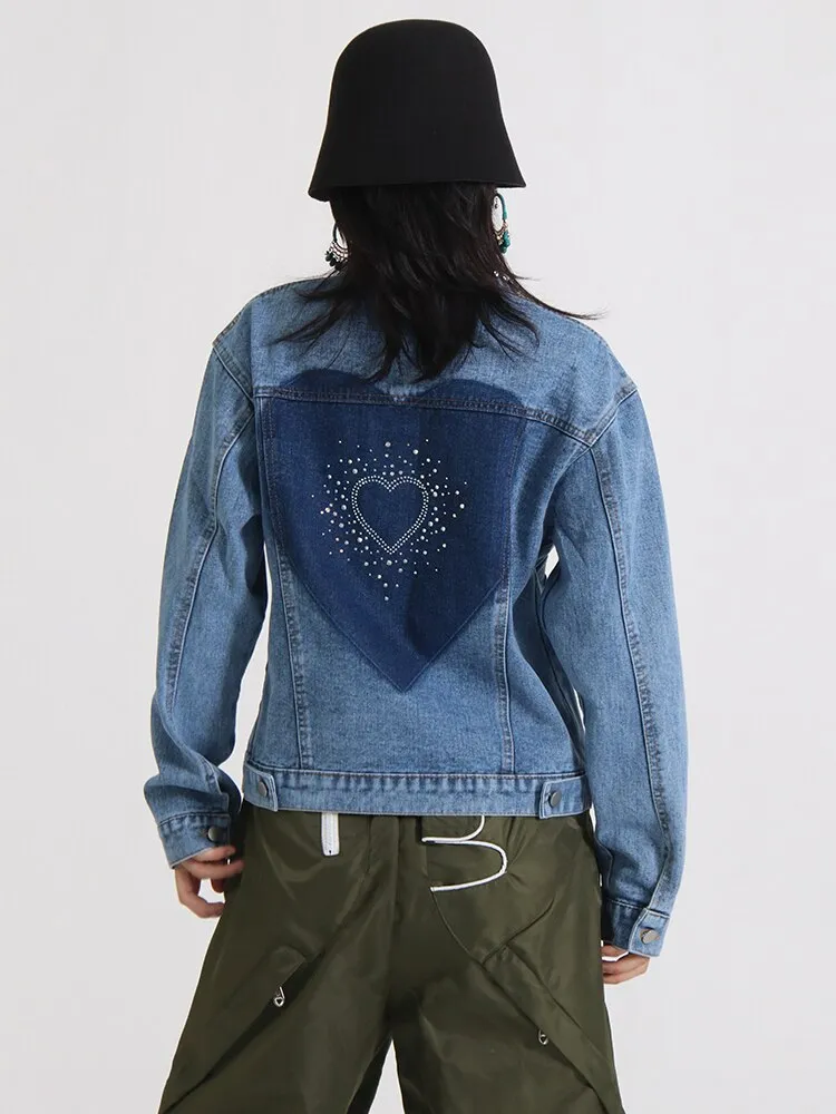 Spliced Diamonds Denim Jackets For Women Lapel Long Sleeve Hollow Out Casual Streetwear Jacket Female Clothing