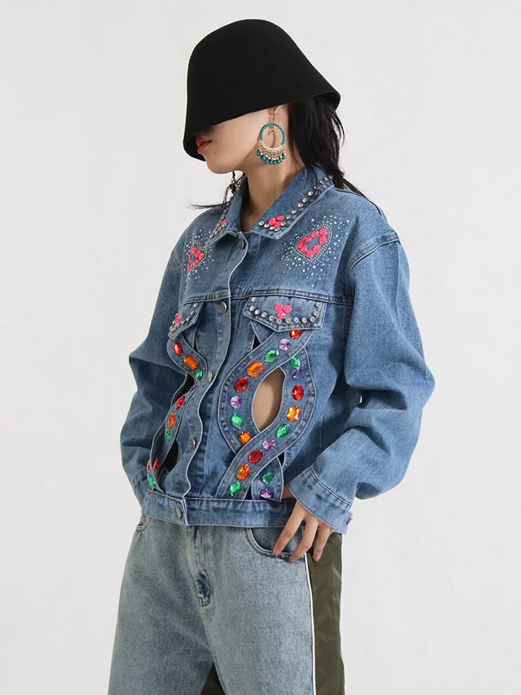 Spliced Diamonds Denim Jackets For Women Lapel Long Sleeve Hollow Out Casual Streetwear Jacket Female Clothing