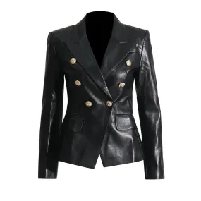 Spliced Pockets Leather Blazer For Women Notched Collar Long Sleeve Patchwork Double Breasted Chic Coats Female New