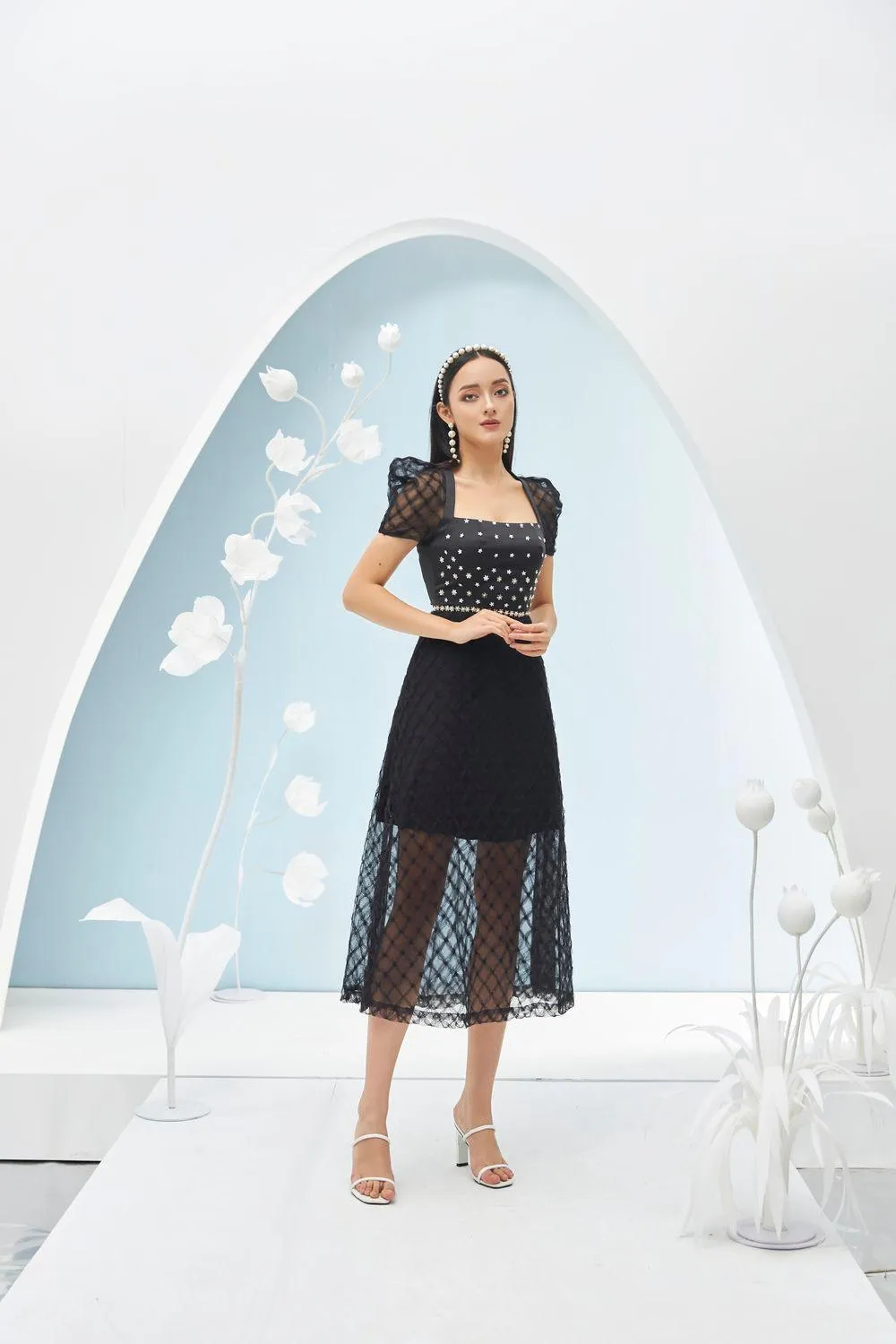 Stacy A-line See-Through Mesh Sheer Midi Dress