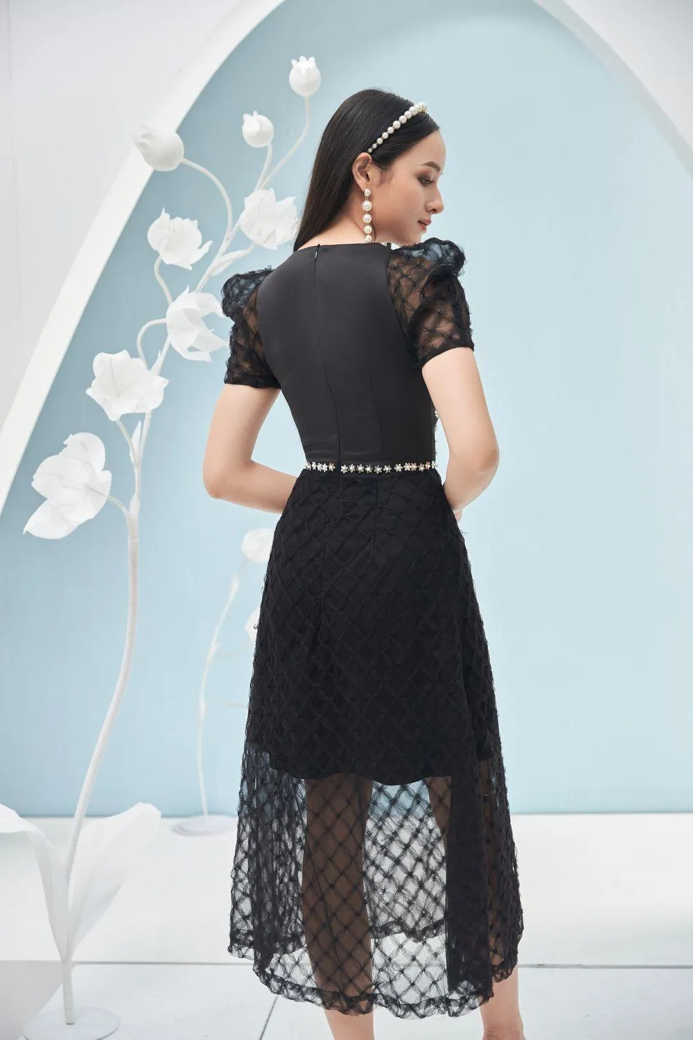 Stacy A-line See-Through Mesh Sheer Midi Dress