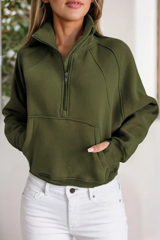 *Stand Collar Ribbed Thumbhole Sleeve Sweatshirt