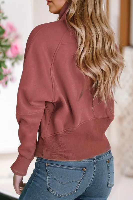 *Stand Collar Ribbed Thumbhole Sleeve Sweatshirt