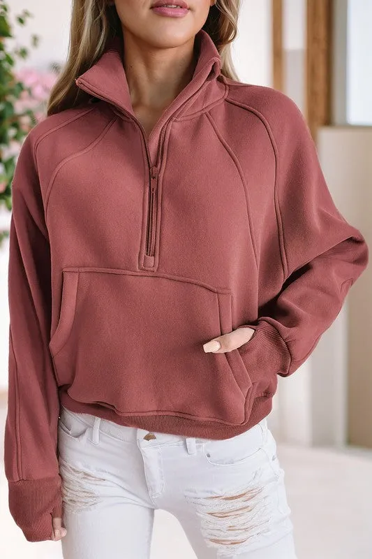 *Stand Collar Ribbed Thumbhole Sleeve Sweatshirt