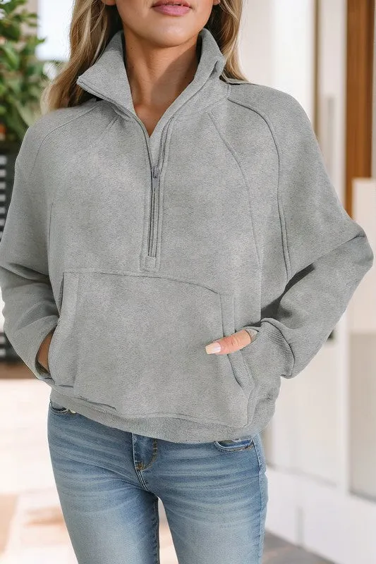 *Stand Collar Ribbed Thumbhole Sleeve Sweatshirt