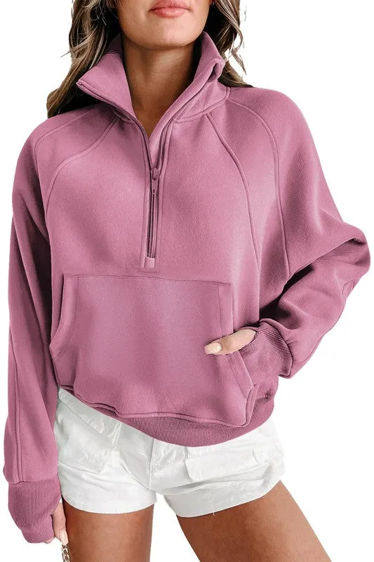 *Stand Collar Ribbed Thumbhole Sleeve Sweatshirt