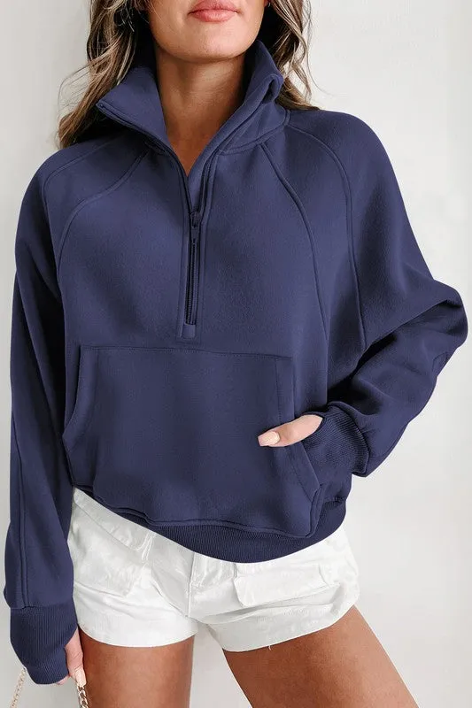 *Stand Collar Ribbed Thumbhole Sleeve Sweatshirt