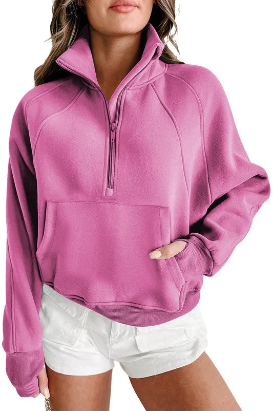 *Stand Collar Ribbed Thumbhole Sleeve Sweatshirt