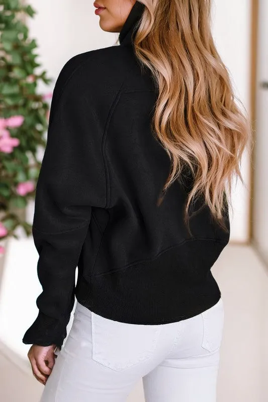 *Stand Collar Ribbed Thumbhole Sleeve Sweatshirt