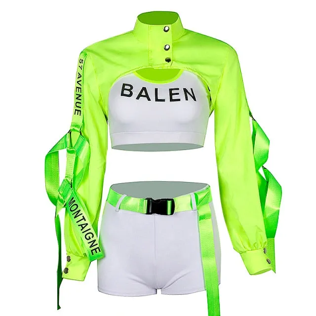 Street Dance Style Neon Green Costume Set for Raves