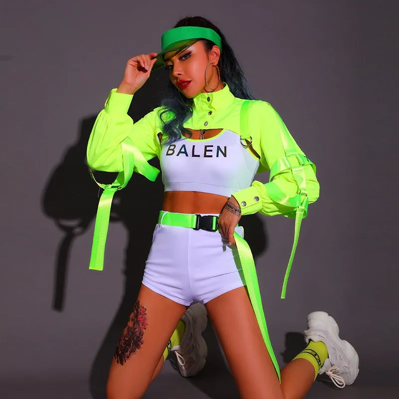 Street Dance Style Neon Green Costume Set for Raves