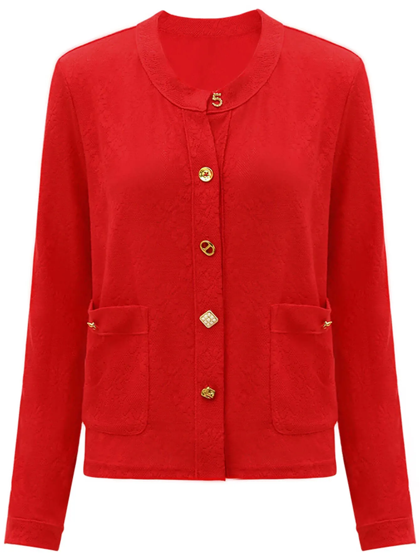 Stylish Red Cardigan with Gold Snap Buttons