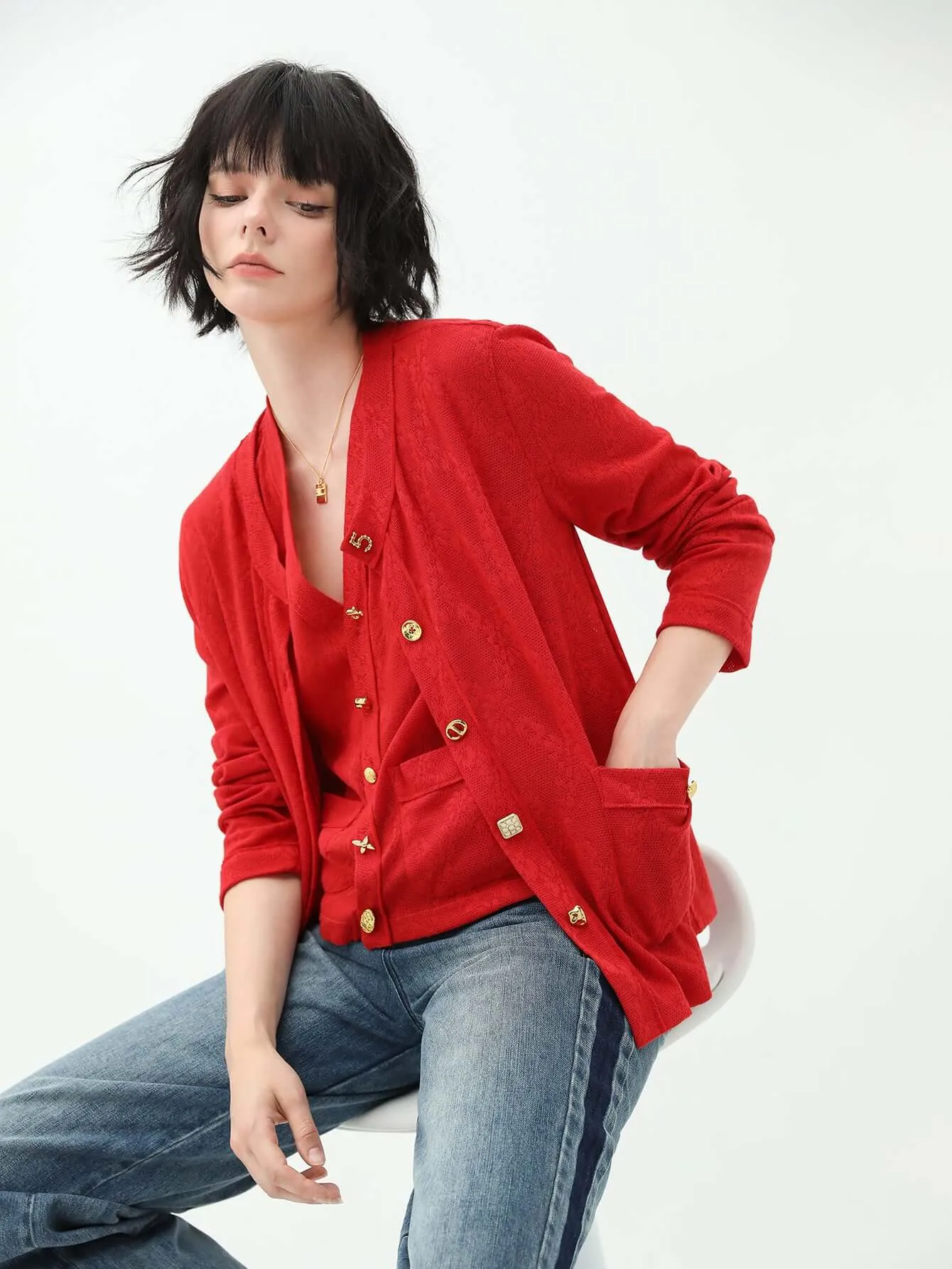 Stylish Red Cardigan with Gold Snap Buttons