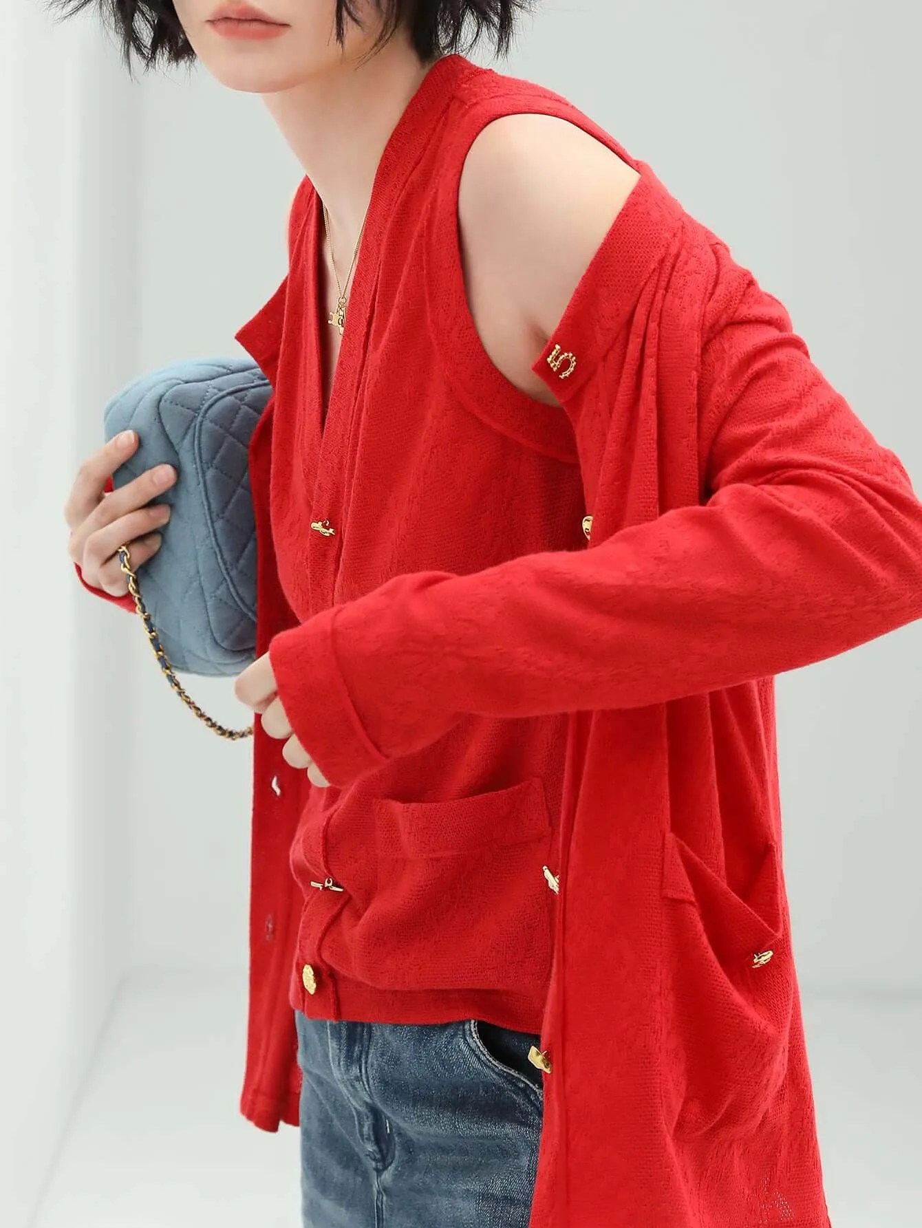 Stylish Red Cardigan with Gold Snap Buttons