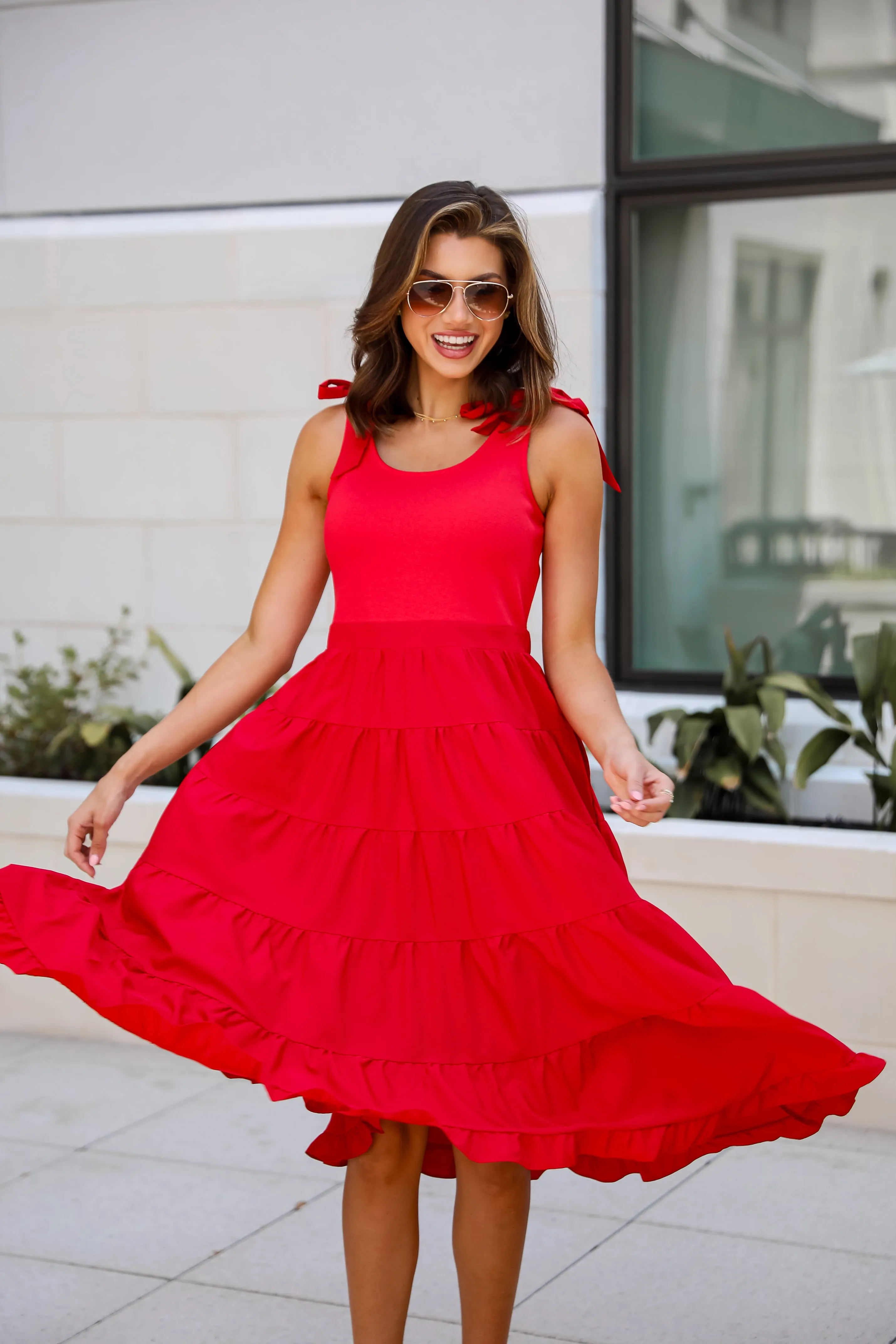 Sweet Daylight Red Tiered Midi Dress