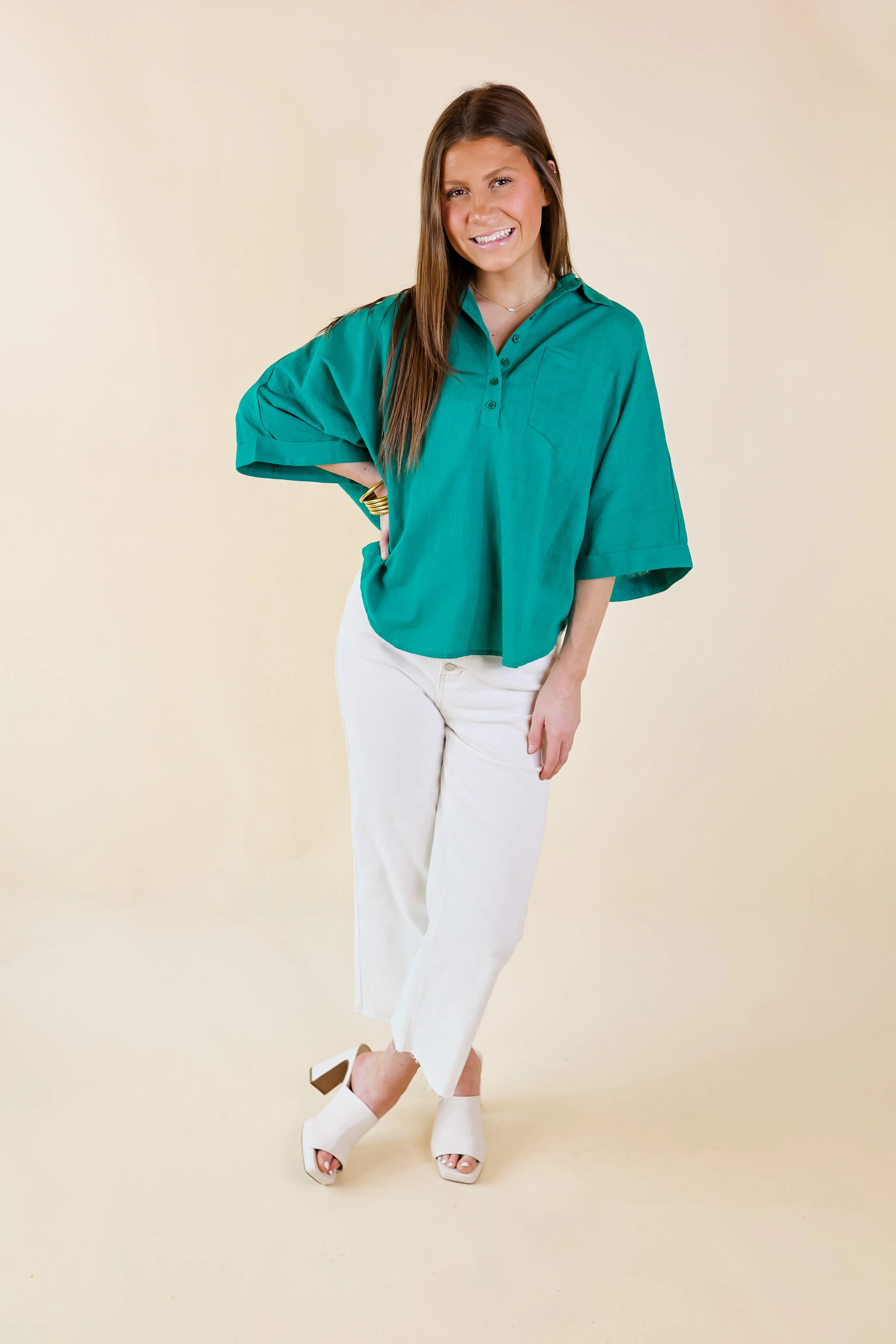 Sweet Surprise Half Button Up Poncho Top with Collared Neckline in Teal Green