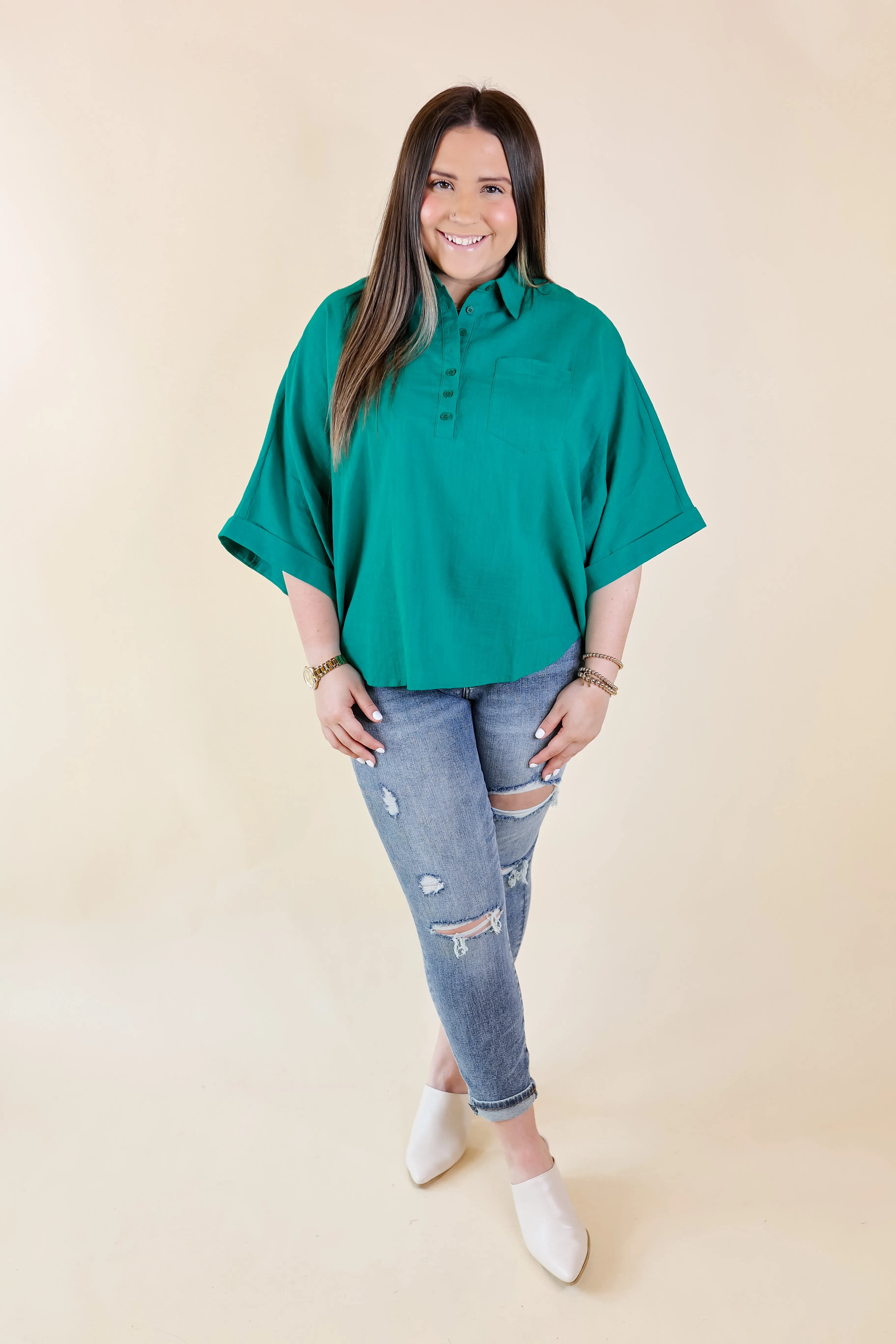 Sweet Surprise Half Button Up Poncho Top with Collared Neckline in Teal Green