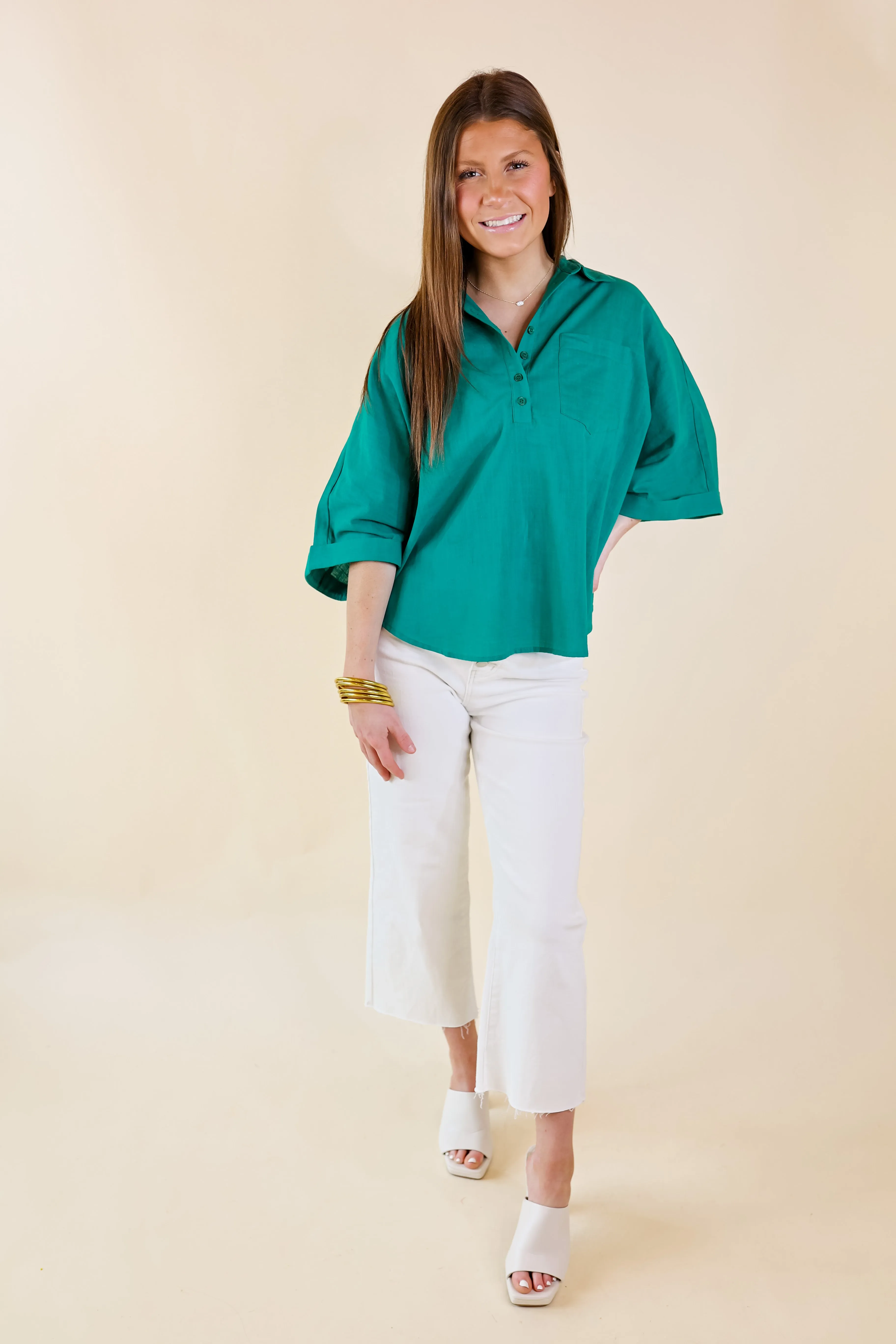 Sweet Surprise Half Button Up Poncho Top with Collared Neckline in Teal Green