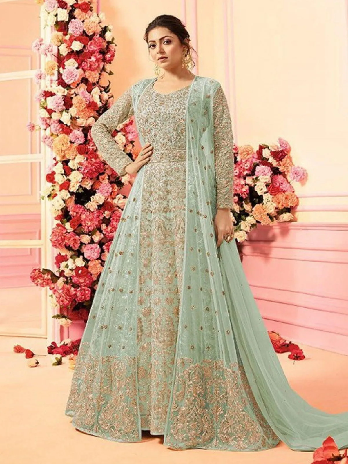 Teal With Traditional Embroidered Detail Designer Kalidar Anarkali Suit