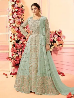 Teal With Traditional Embroidered Detail Designer Kalidar Anarkali Suit