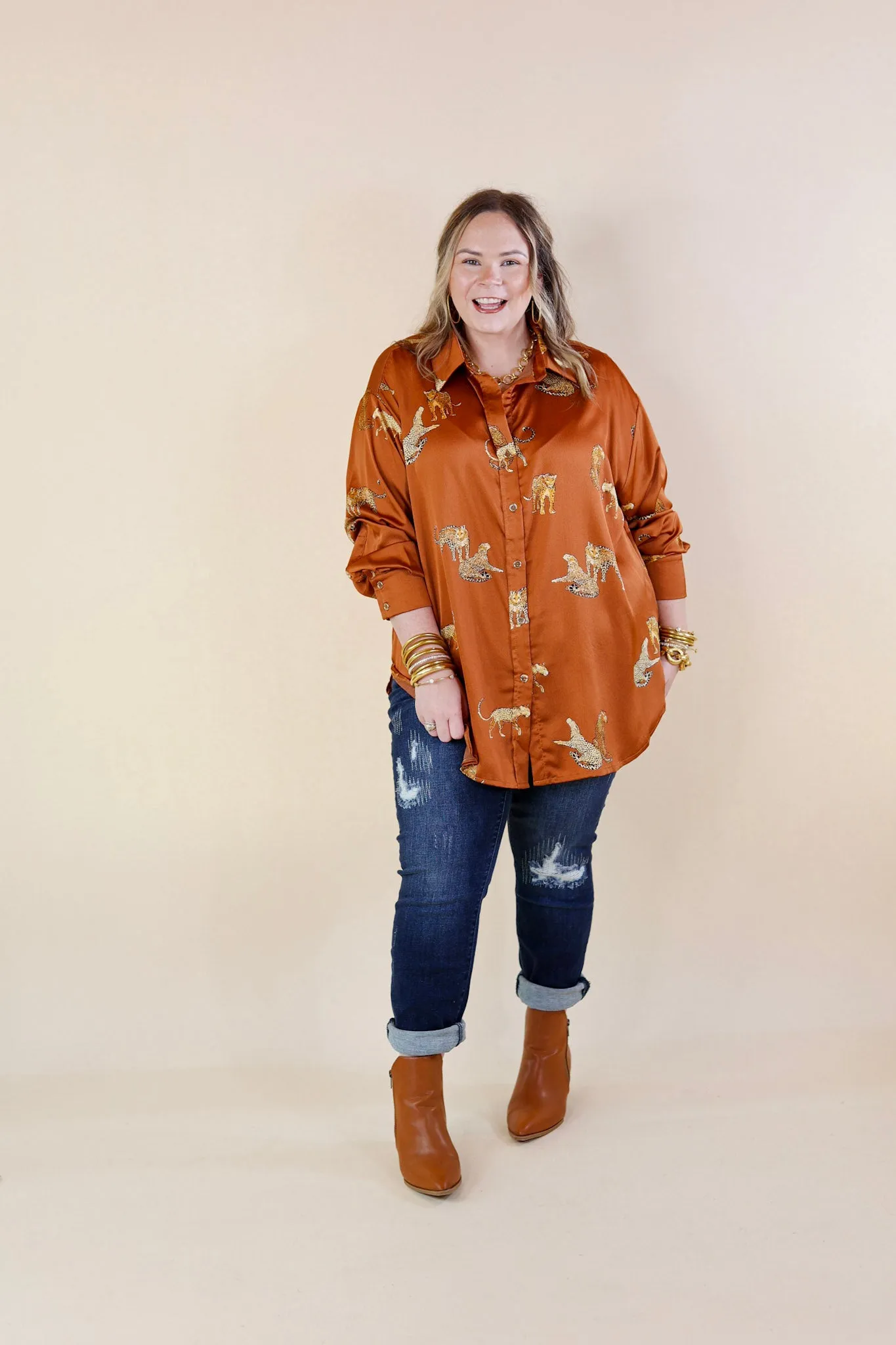 Tell Me Something Good Cheetah Print Long Sleeve Button Up Top in Camel Brown