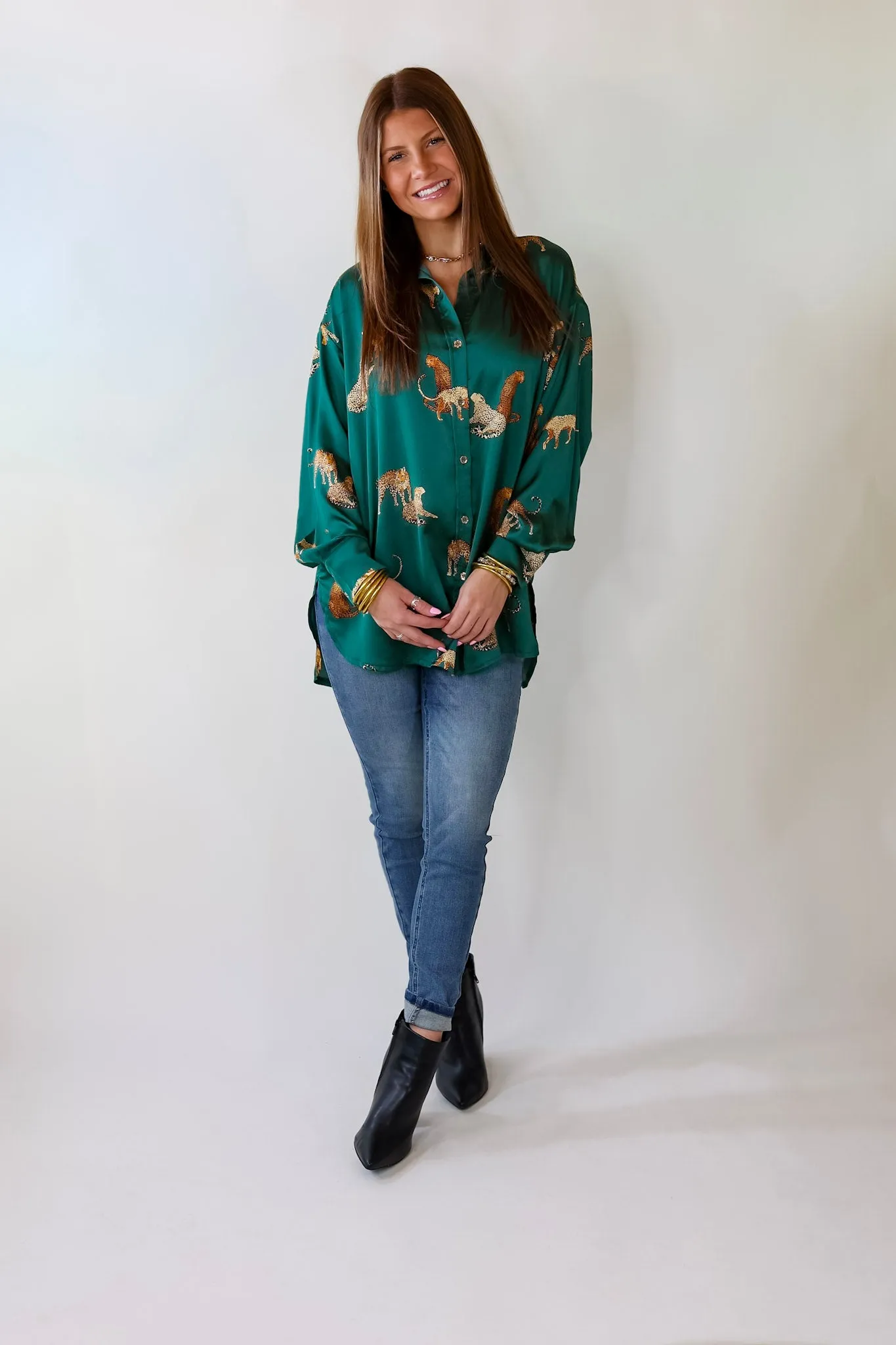 Tell Me Something Good Cheetah Print Long Sleeve Button Up Top in Hunter Green