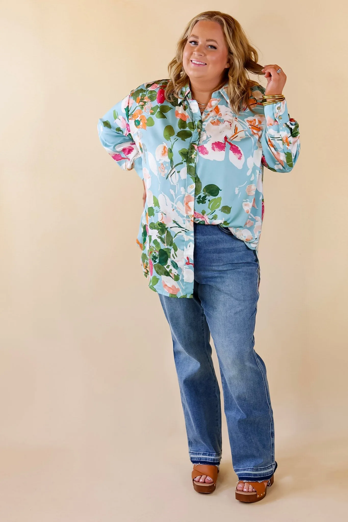 Tell Me Something Good Floral Long Sleeve Button Up Top in Light Blue