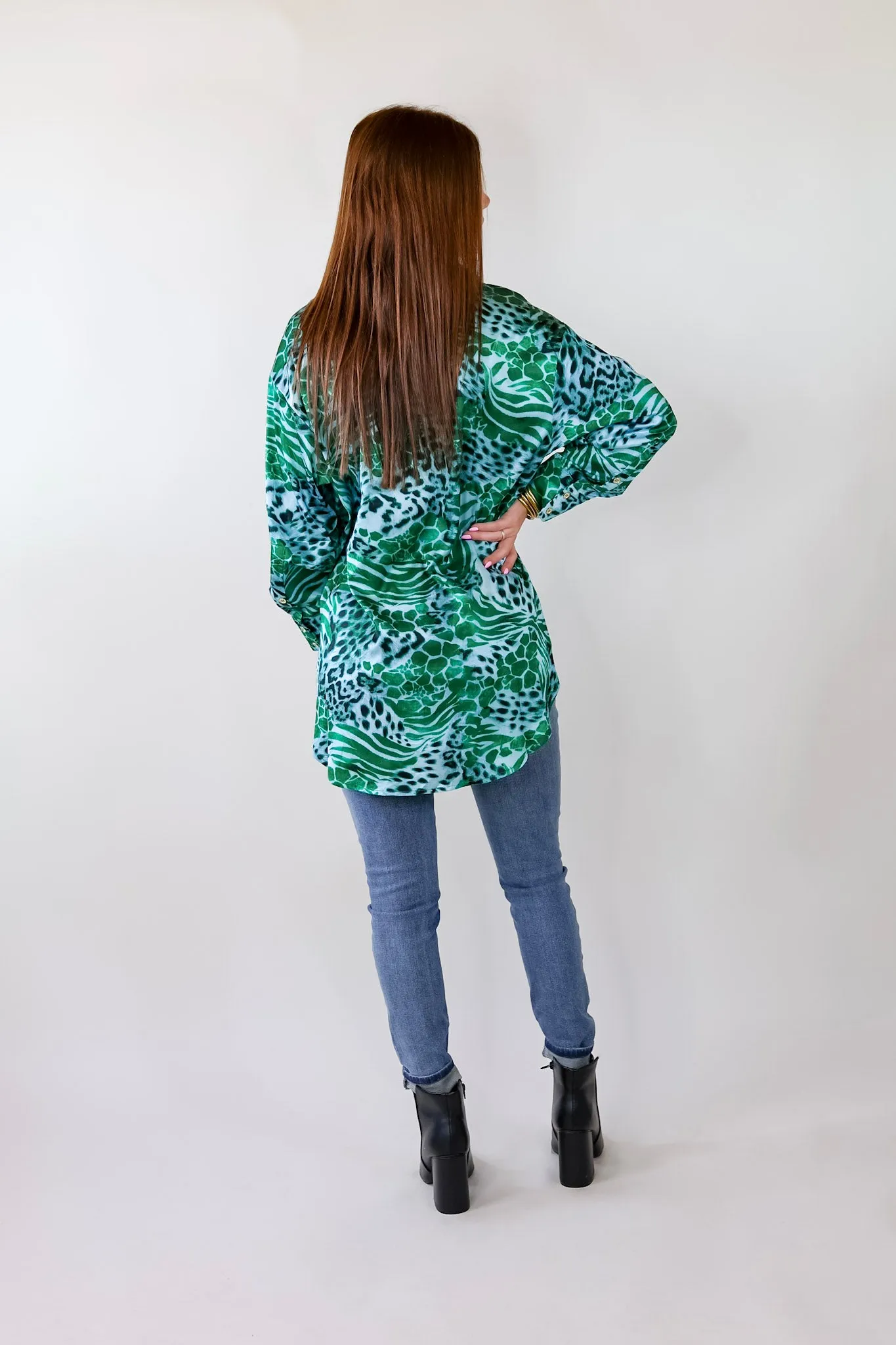 Tell Me Something Good Mixed Animal Print Long Sleeve Button Up Top in Green