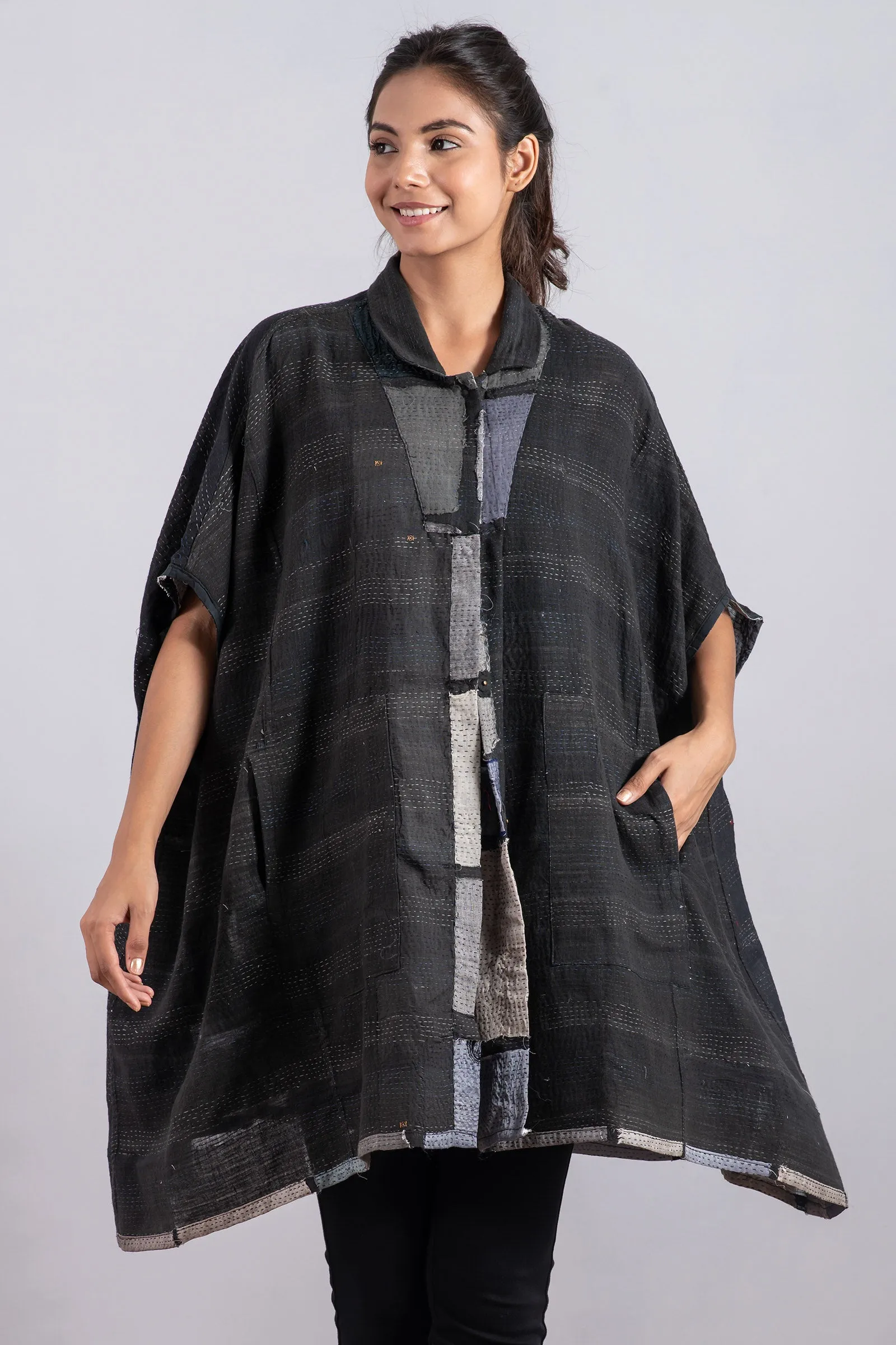 TONAL TILE PATCH KANTHA SHIRT PONCHO