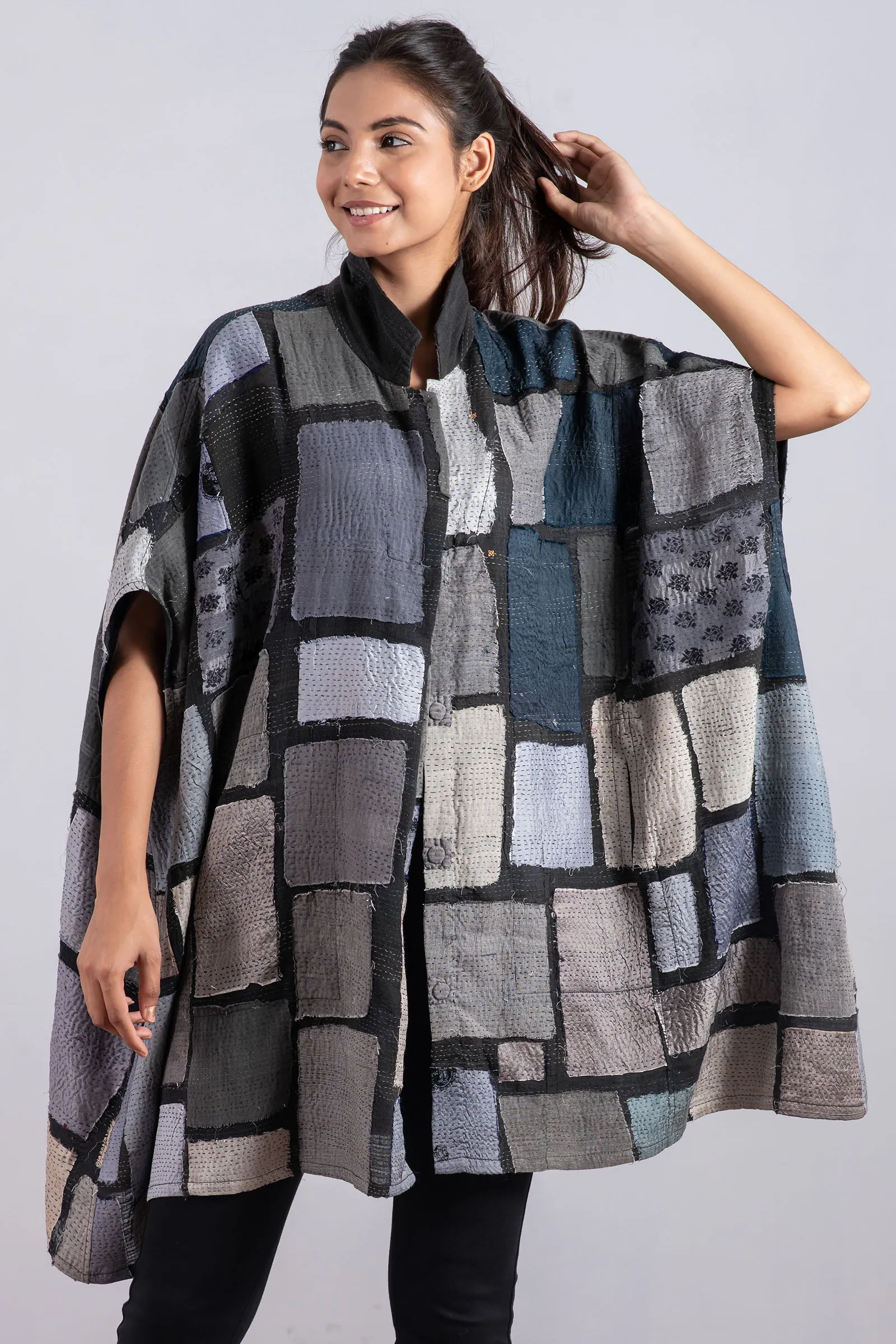 TONAL TILE PATCH KANTHA SHIRT PONCHO