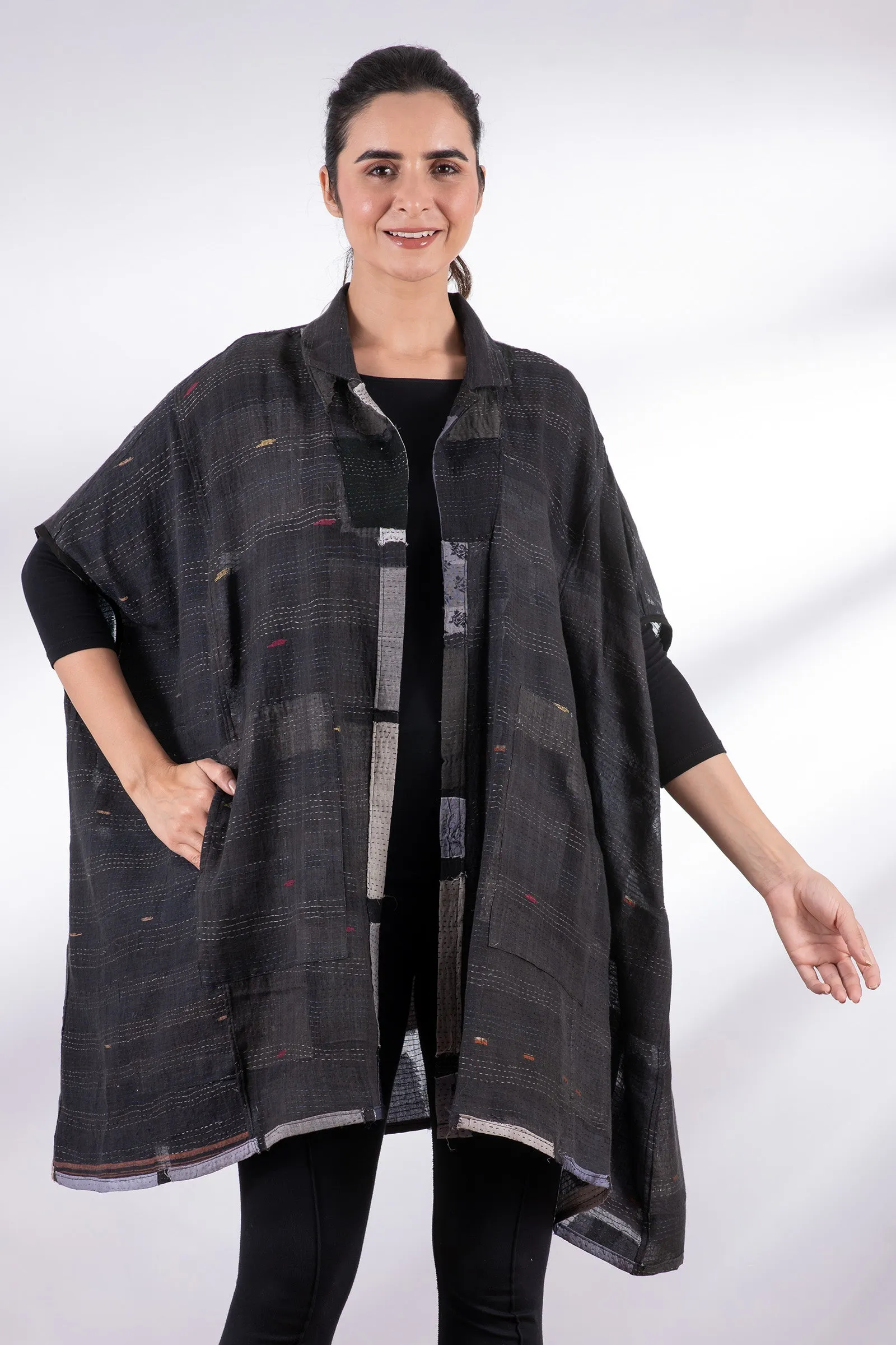 TONAL TILE PATCH KANTHA SHIRT PONCHO