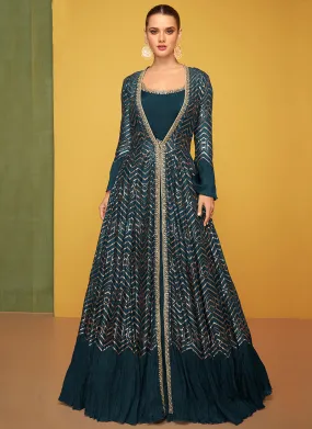 Turquoise Embroidery Jacket Style Anarkali Gown