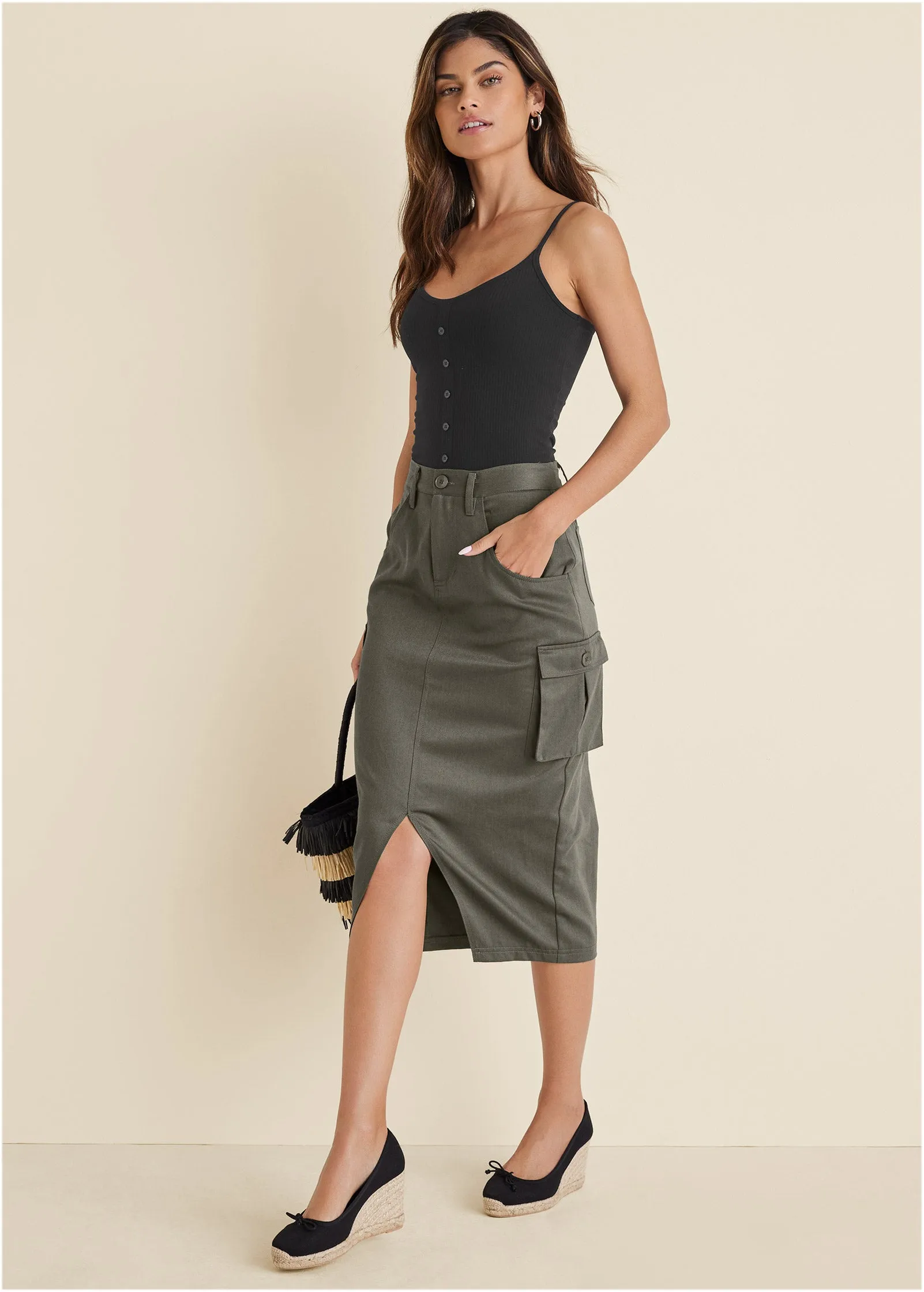 Twill Cargo Midi Skirt - Olive