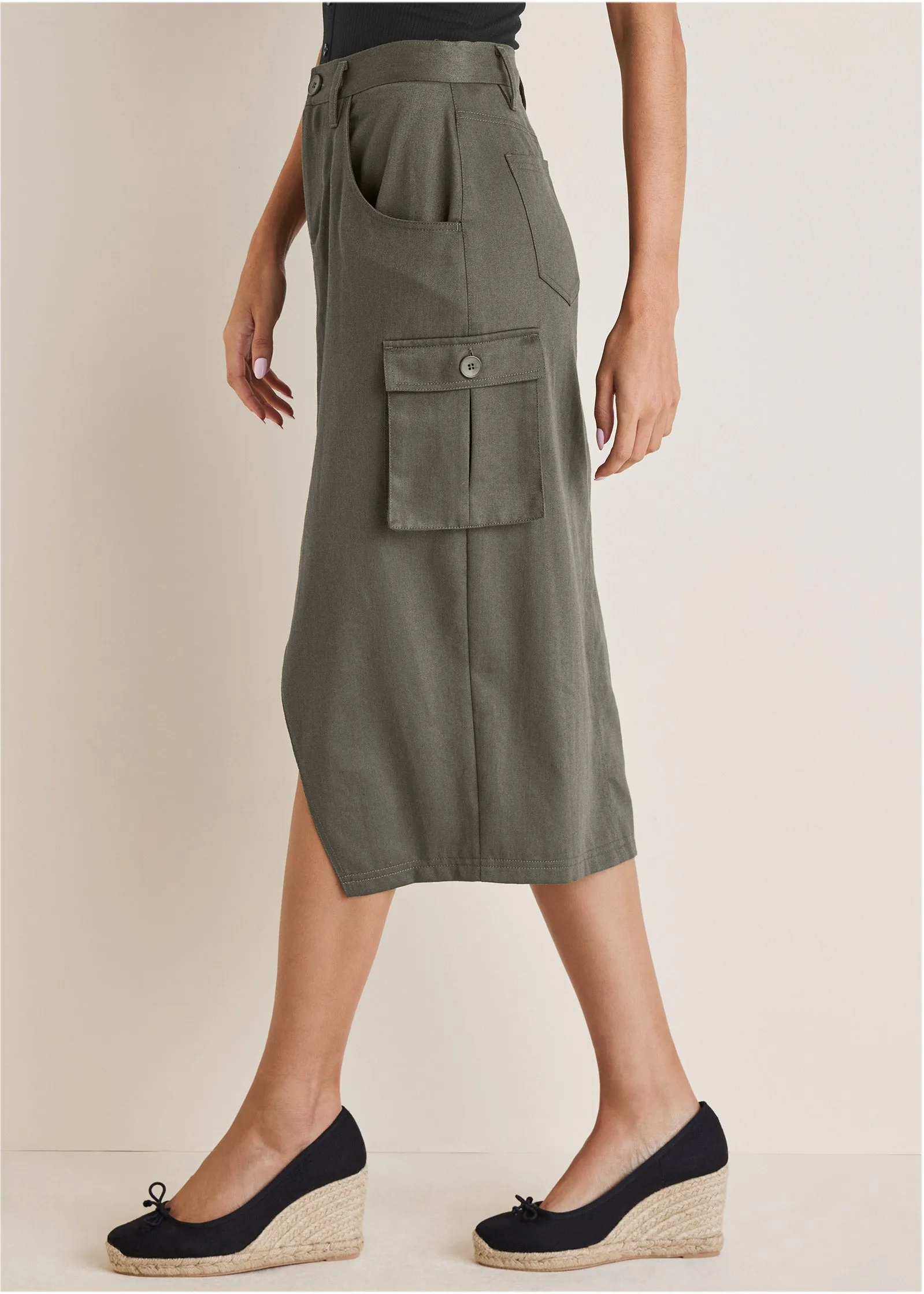 Twill Cargo Midi Skirt - Olive