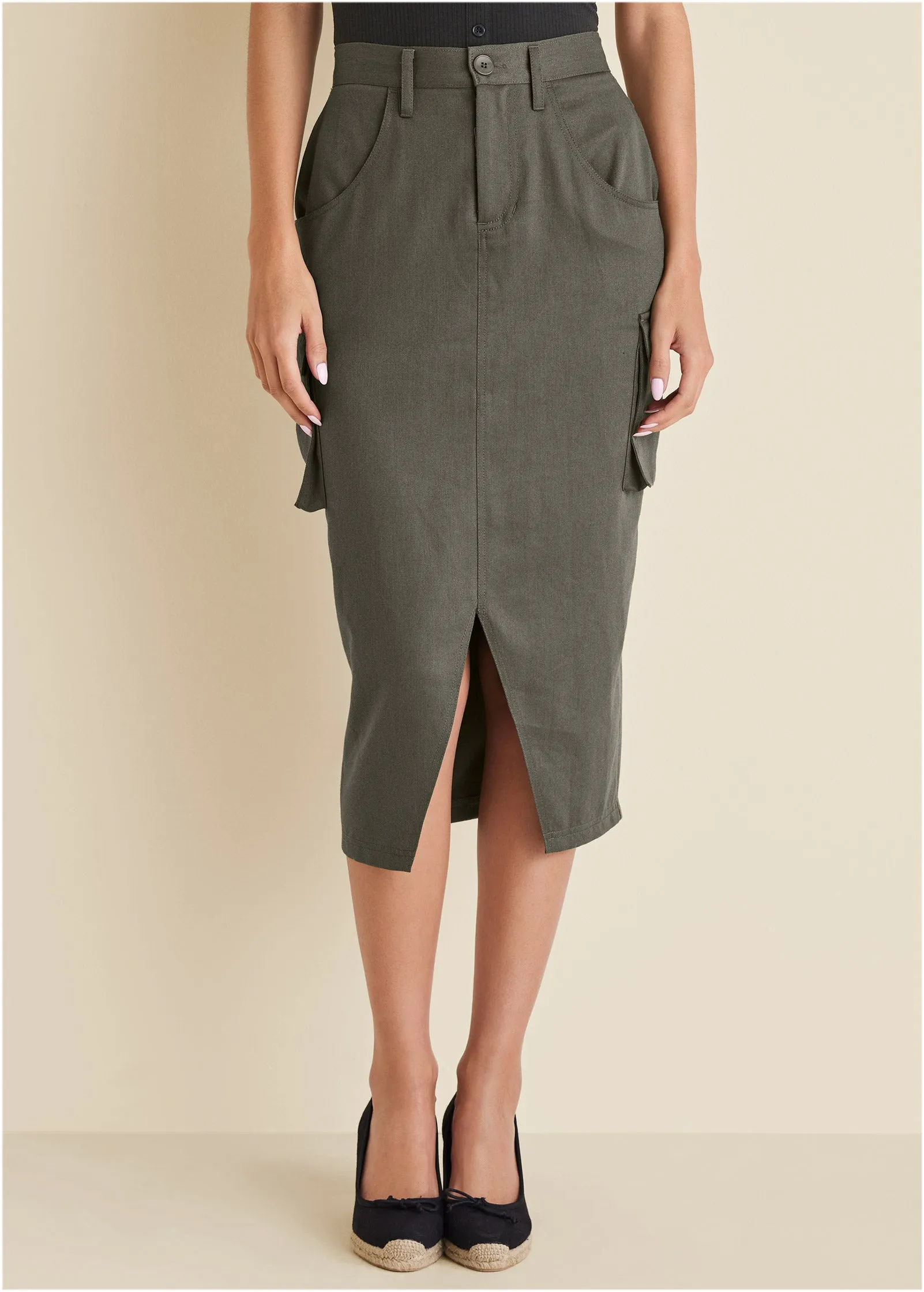 Twill Cargo Midi Skirt - Olive