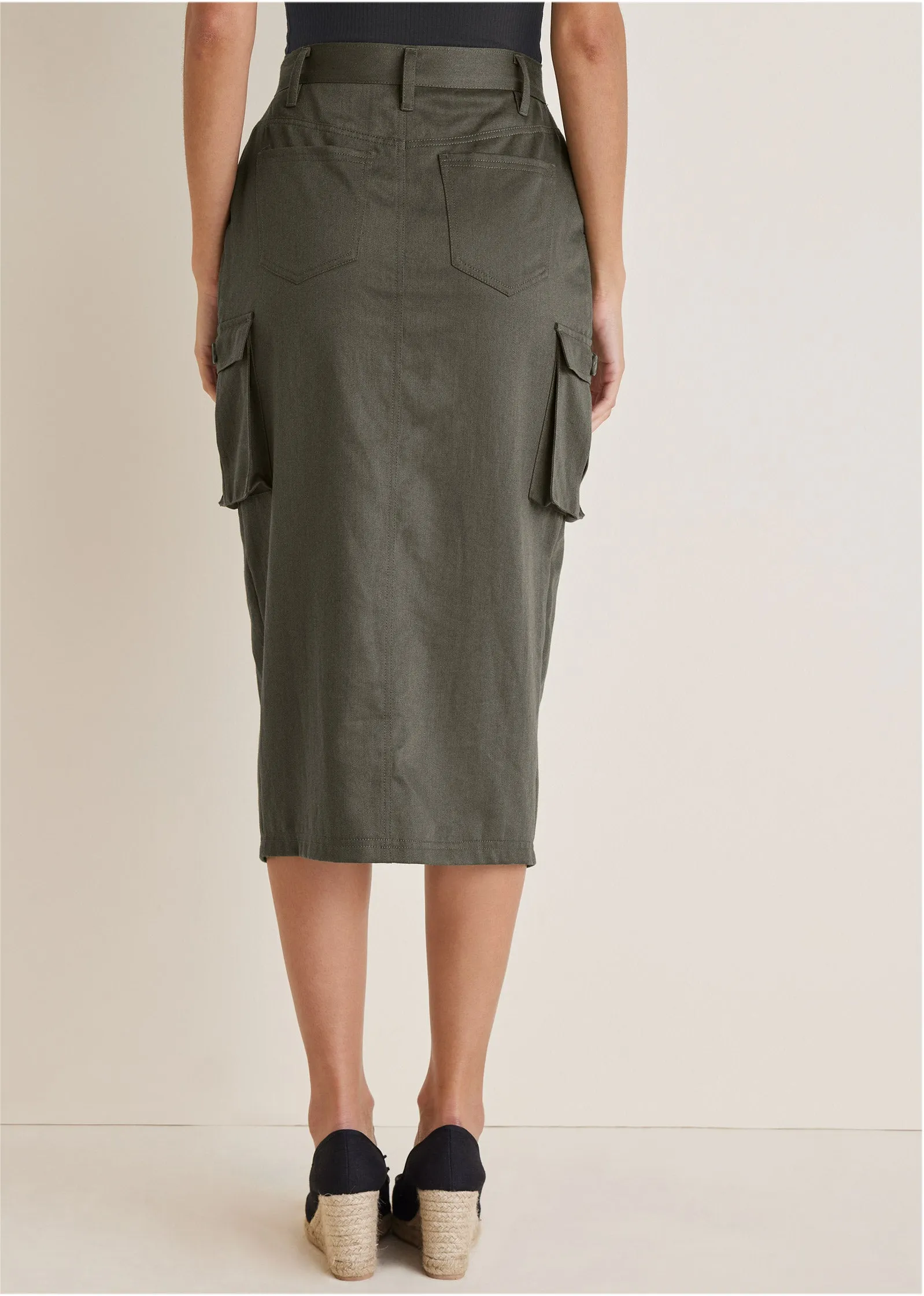 Twill Cargo Midi Skirt - Olive