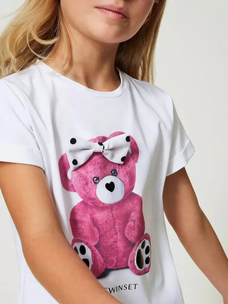 Twinset T-shirt with bow and teddy bear-print