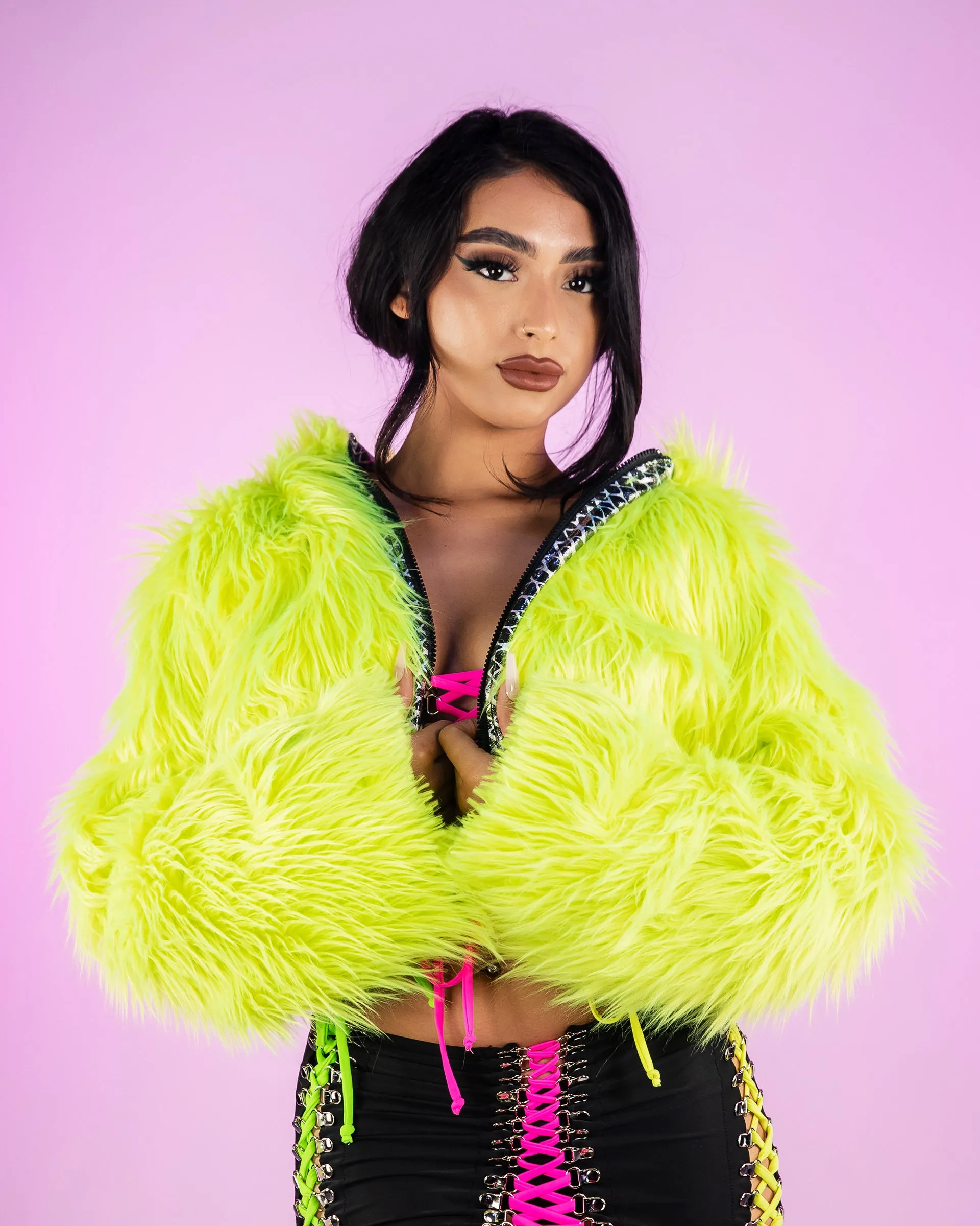 UV Neon Yellow Black Crystal Snake Trim Hooded Cropped Jacket