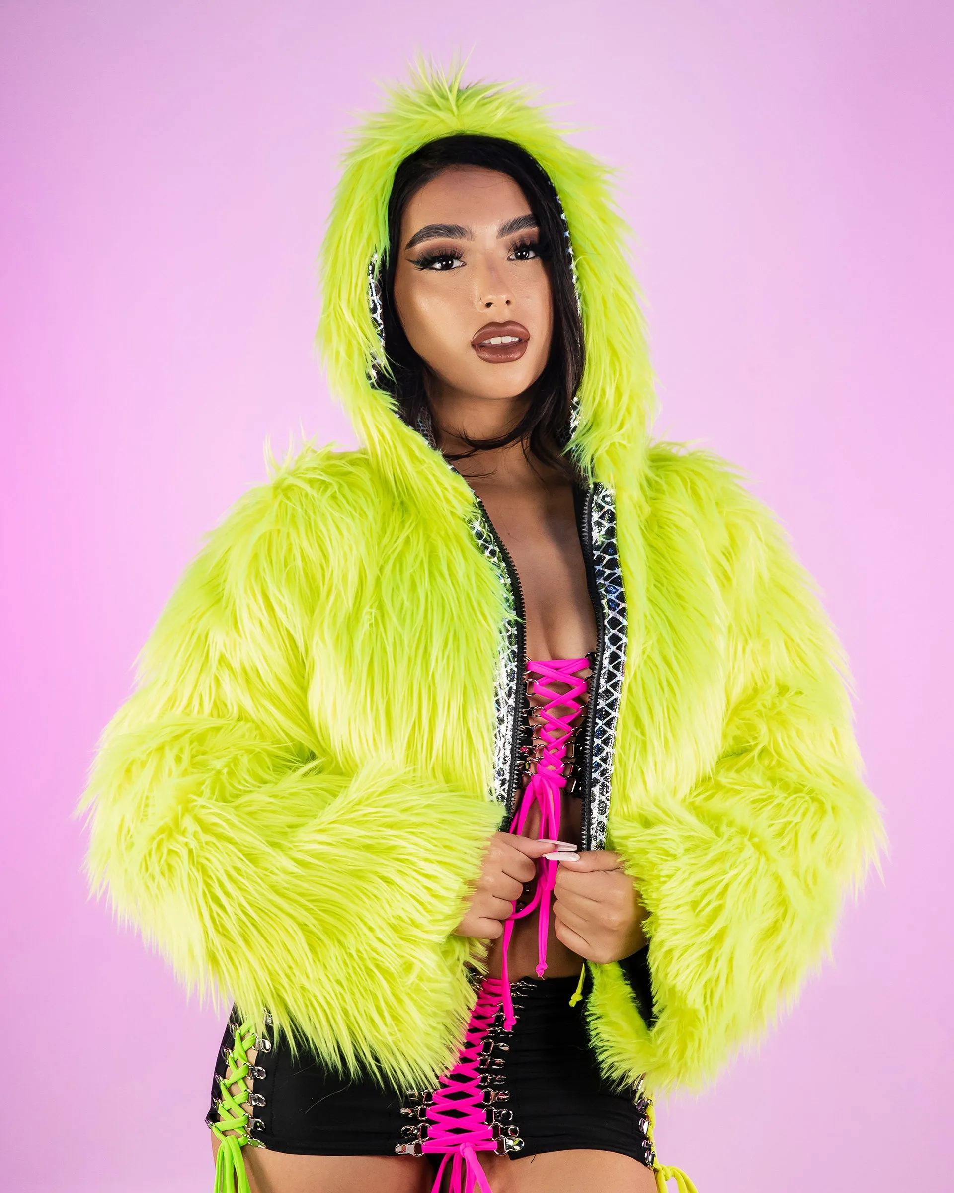 UV Neon Yellow Black Crystal Snake Trim Hooded Cropped Jacket