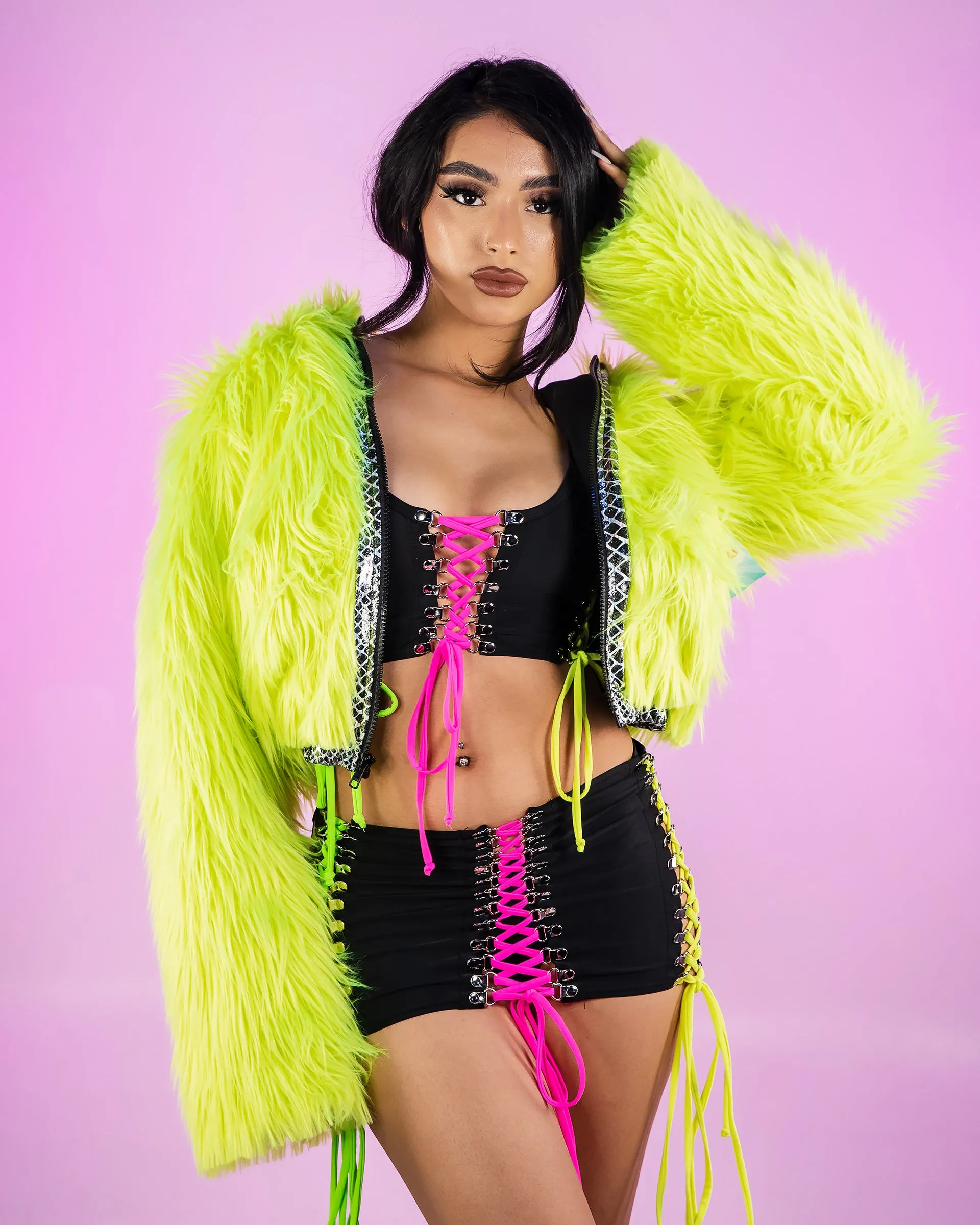 UV Neon Yellow Black Crystal Snake Trim Hooded Cropped Jacket