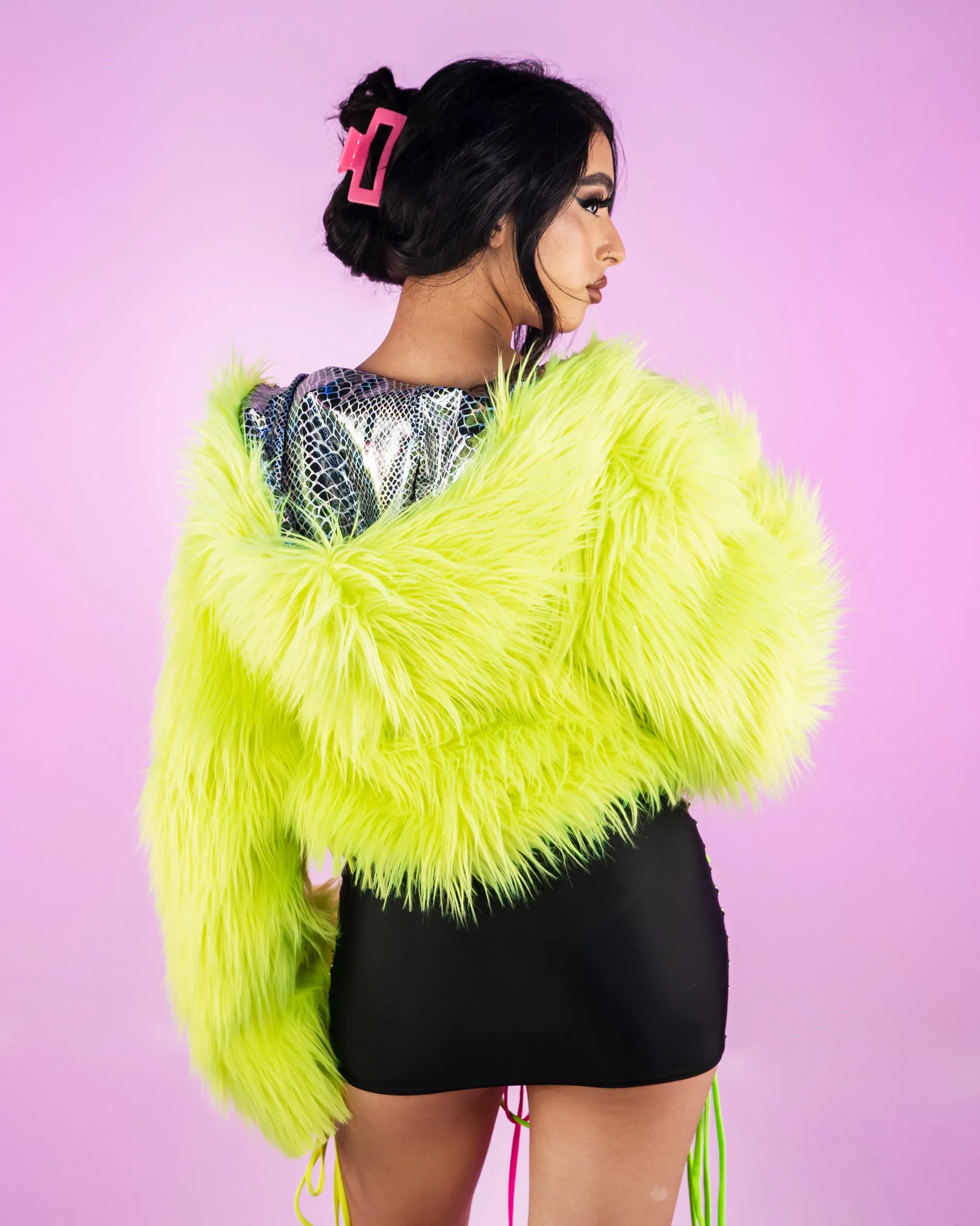 UV Neon Yellow Black Crystal Snake Trim Hooded Cropped Jacket