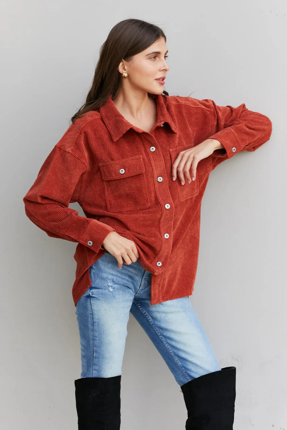 Very J Hem Detail Button-Up Corduroy Shacket